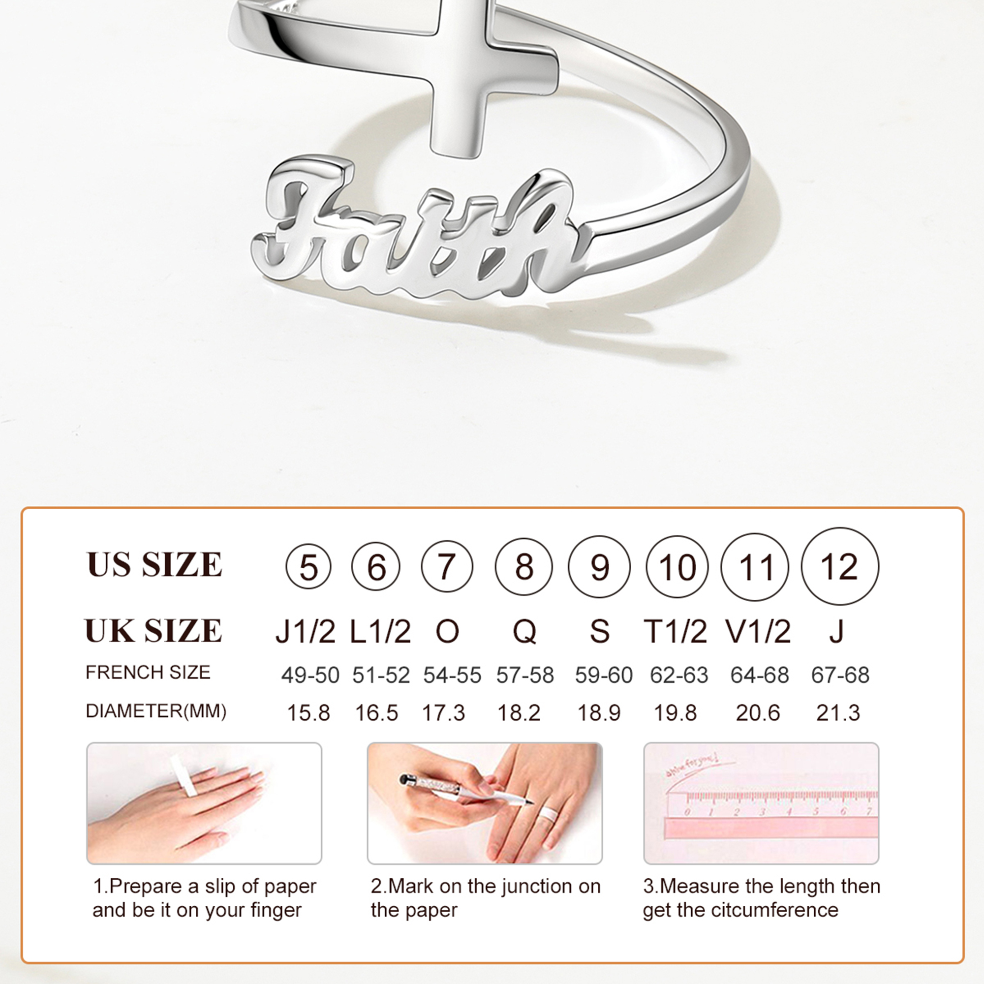 How to Measure 925 Sterling Silver Faith Cross Open Adjustable Ring Size