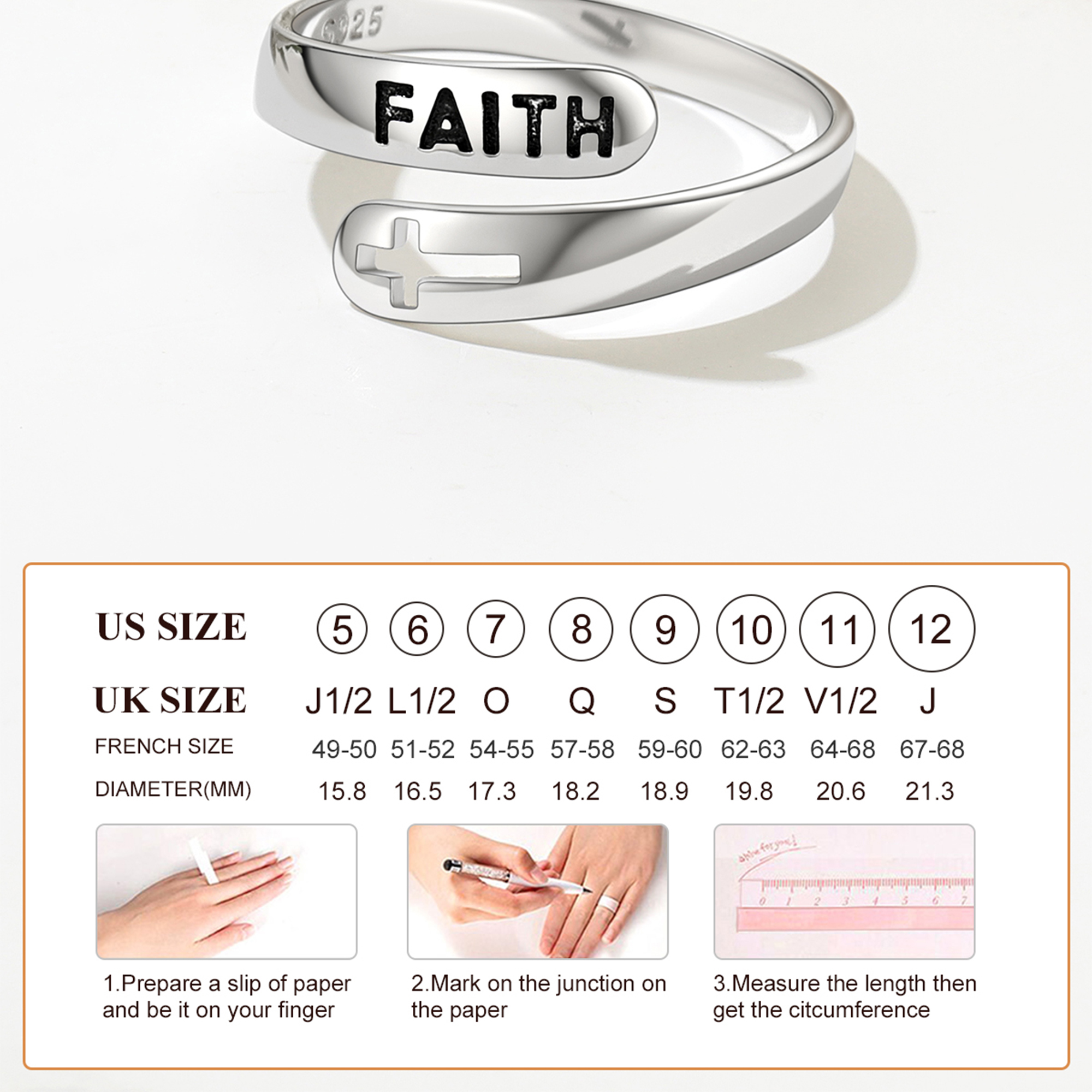 How to Meature 925 Sterling Silver Faith Cross Adjustable Ring Size