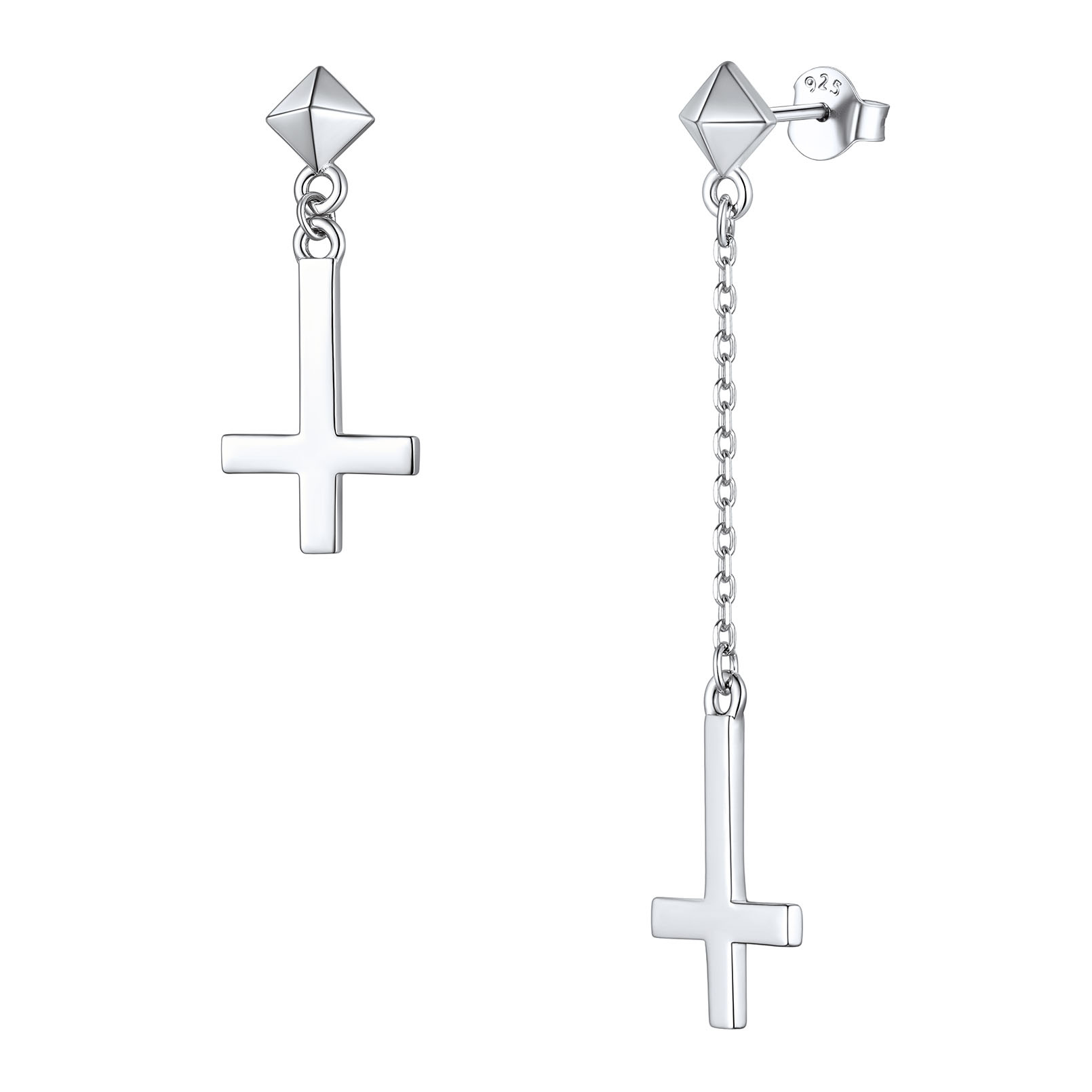 Hypoallergenic Asymmetry Inverted Cross Dangle Earrings in Silver