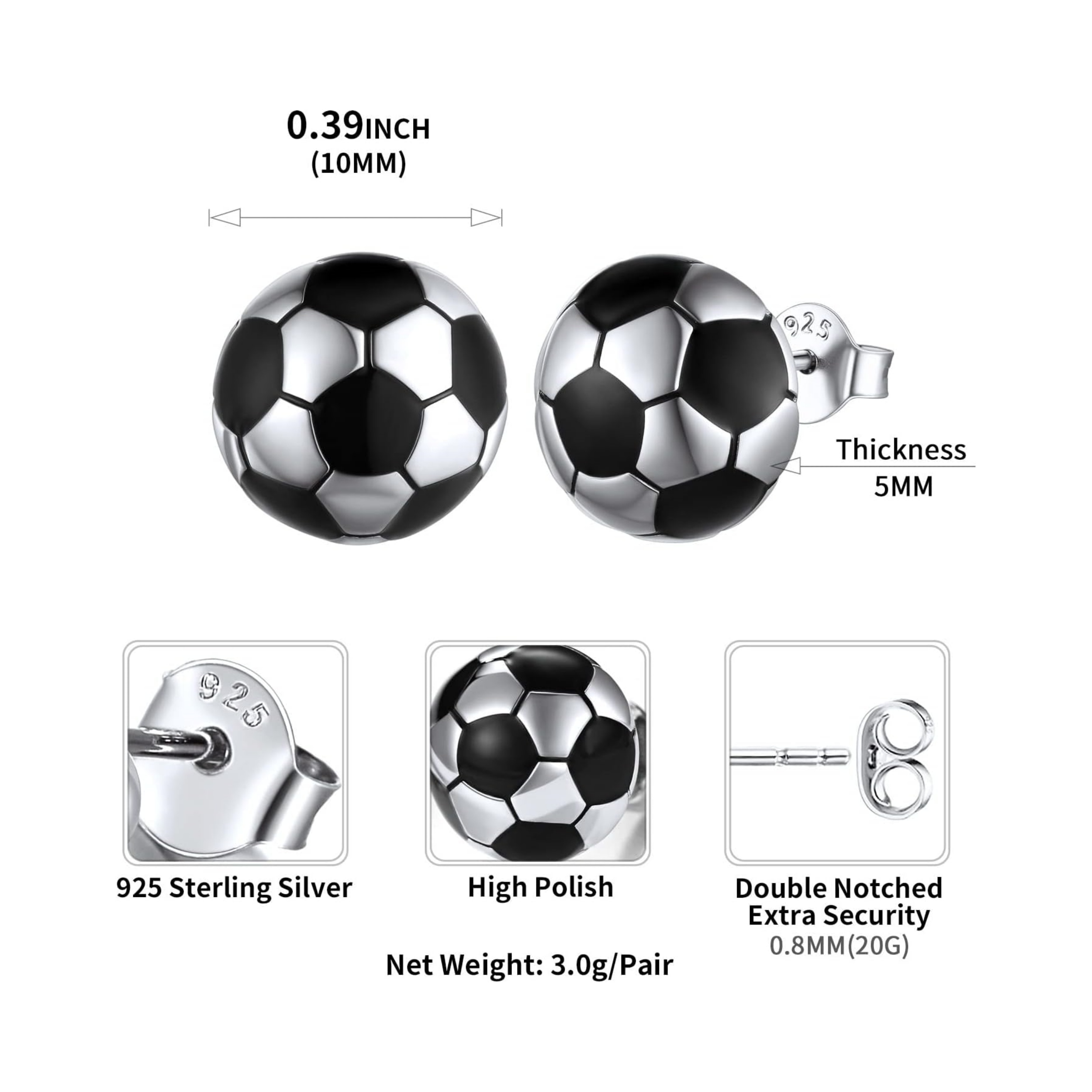 Hypoallergenic Soccer Stud Earrings Details: Dimensions, Hypoallergenic, Push Back Finding