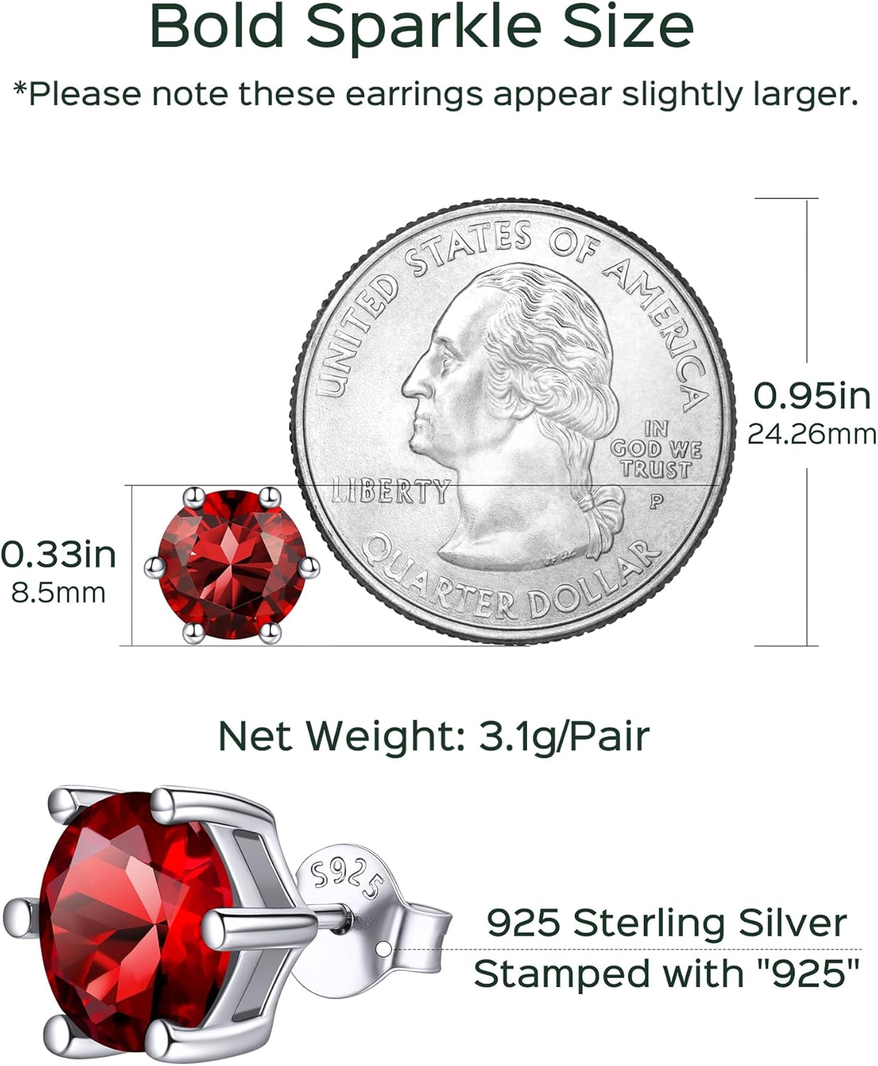 8.5mm Sparkling Round Cut Birthstone Halo Stud Earrings Details: Dimensions, Hypoallergenic, Push Back Finding