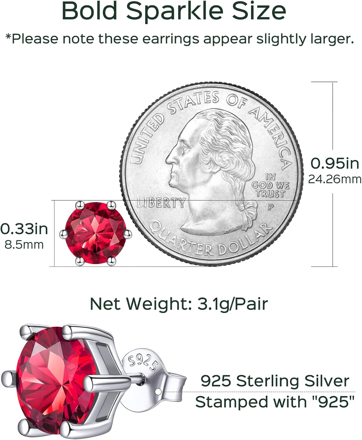 8.5mm Sparkling Round Cut Birthstone Halo Stud Earrings Details: Dimensions, Hypoallergenic, Push Back Finding