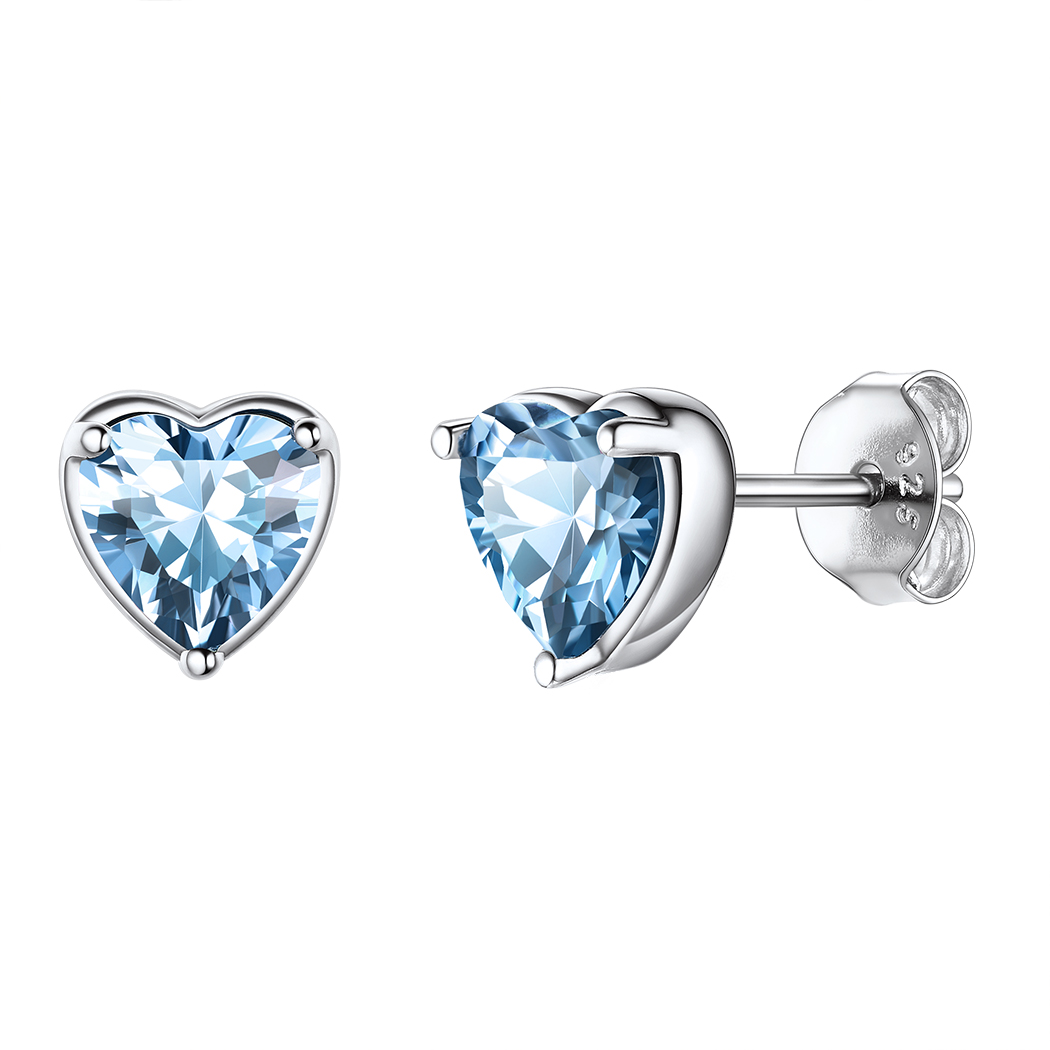 Sparkling Heart Cut Crystal March Aquamarine Birthstone Stud Earrings