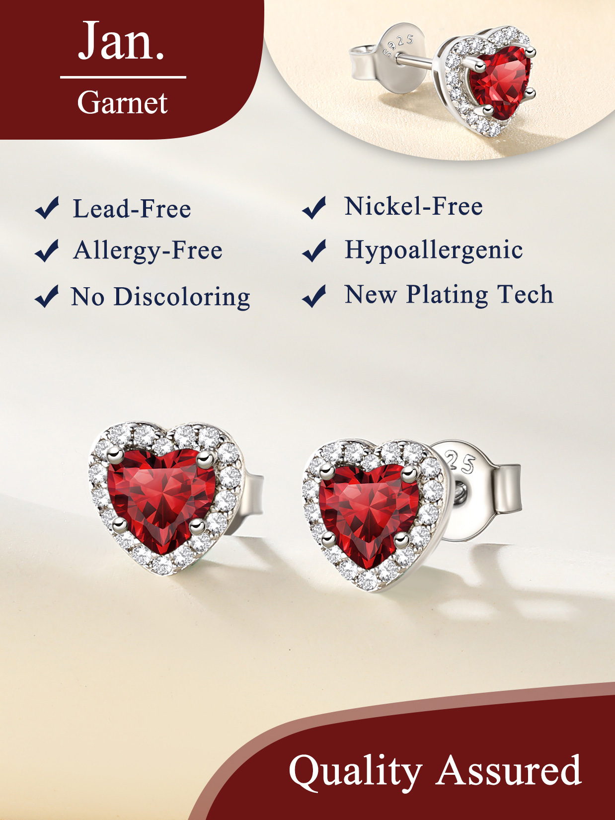 5mm Heart Cut Birthstone with Cubic Zirconia Halo Stud Earrings, Jan.