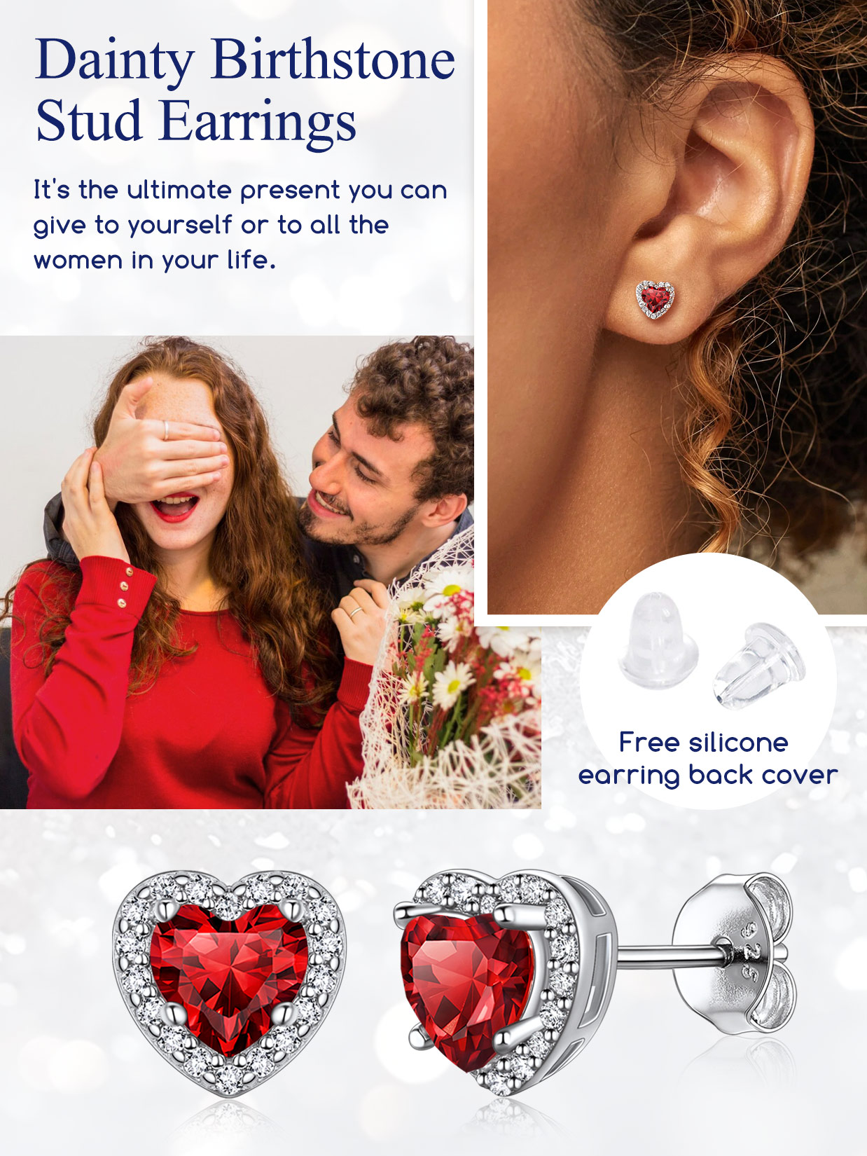 5mm Heart Cut Birthstone with Cubic Zirconia Halo Stud Earrings