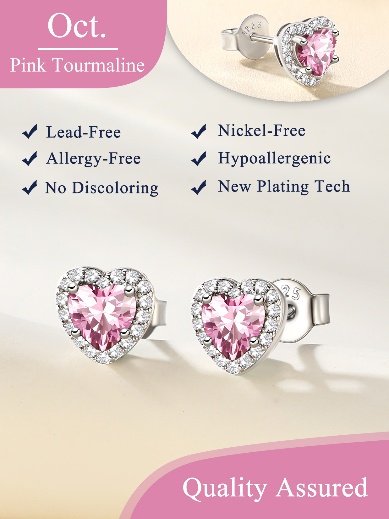 5mm Heart Cut Birthstone with Cubic Zirconia Halo Stud Earrings for women, october birthstone, Pink Tourmaline Earring, Libra Birthstone, Scorpio Birthstone, sterling silver earrings, gift idea