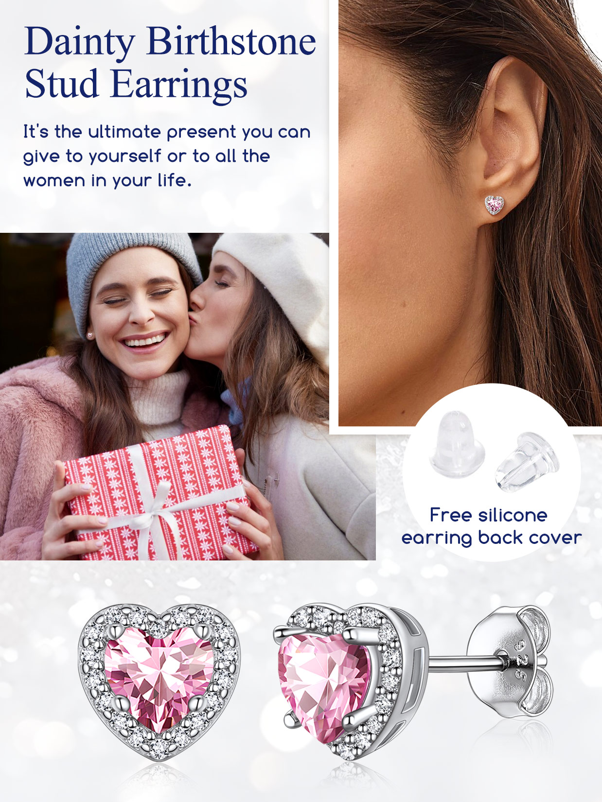 5mm Heart Cut Birthstone with Cubic Zirconia Halo Stud Earrings for women, october birthstone, Pink Tourmaline Earring, Libra Birthstone, Scorpio Birthstone, sterling silver earrings, gift idea