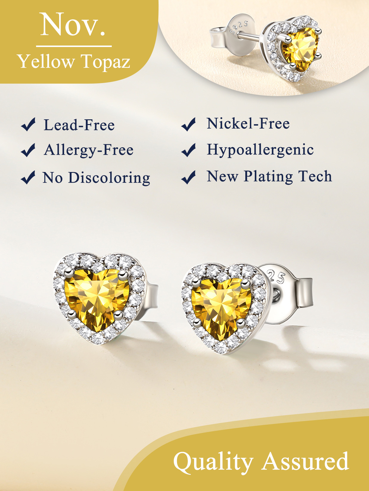 5mm Heart Cut Birthstone with Cubic Zirconia Halo Stud Earrings for women, november birthstone, Citrine Jewelry, Scorpio Birthstone, Sagittarius Birthstone, sterling silver jewlery, memorial gift, gift idea