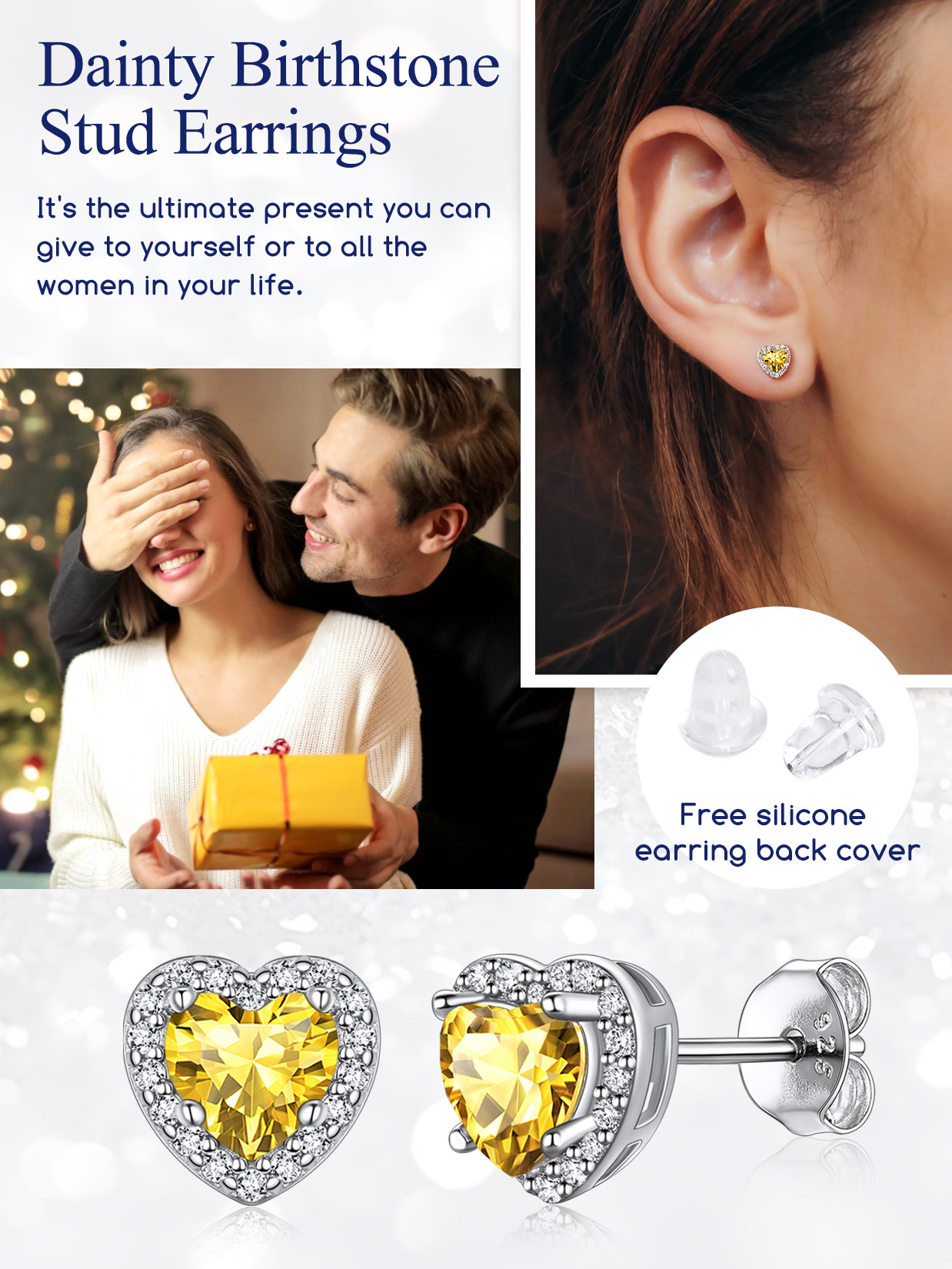 5mm Heart Cut Birthstone with Cubic Zirconia Halo Stud Earrings for women, november birthstone, Citrine Jewelry, Scorpio Birthstone, Sagittarius Birthstone, sterling silver jewlery, memorial gift, gift idea