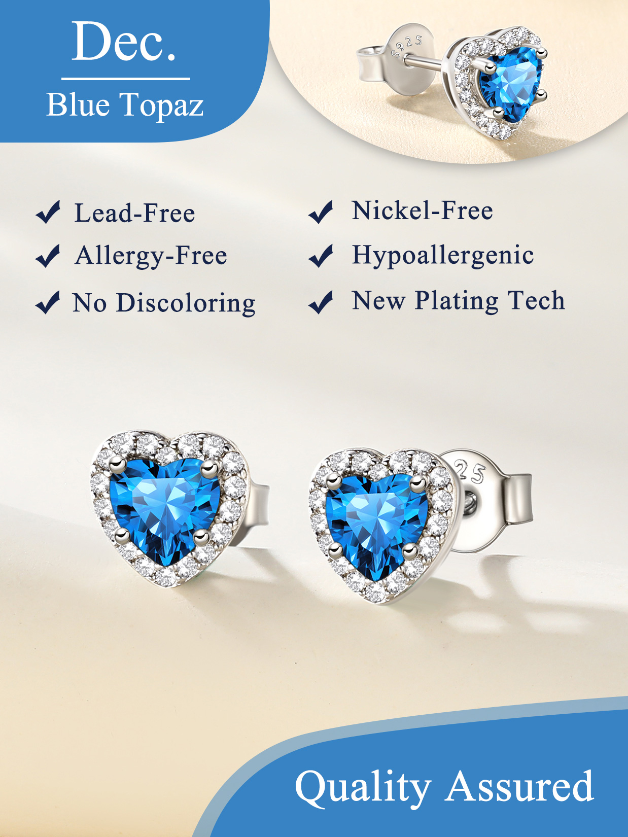 5mm Heart Cut Birthstone with Cubic Zirconia Halo Stud Earrings  for women, december birthstone, Blue Topaz Jewelry, Sagittarius Birthstone,  topaz birthstone, Capricorn Birthstone, christmas gift, gift idea