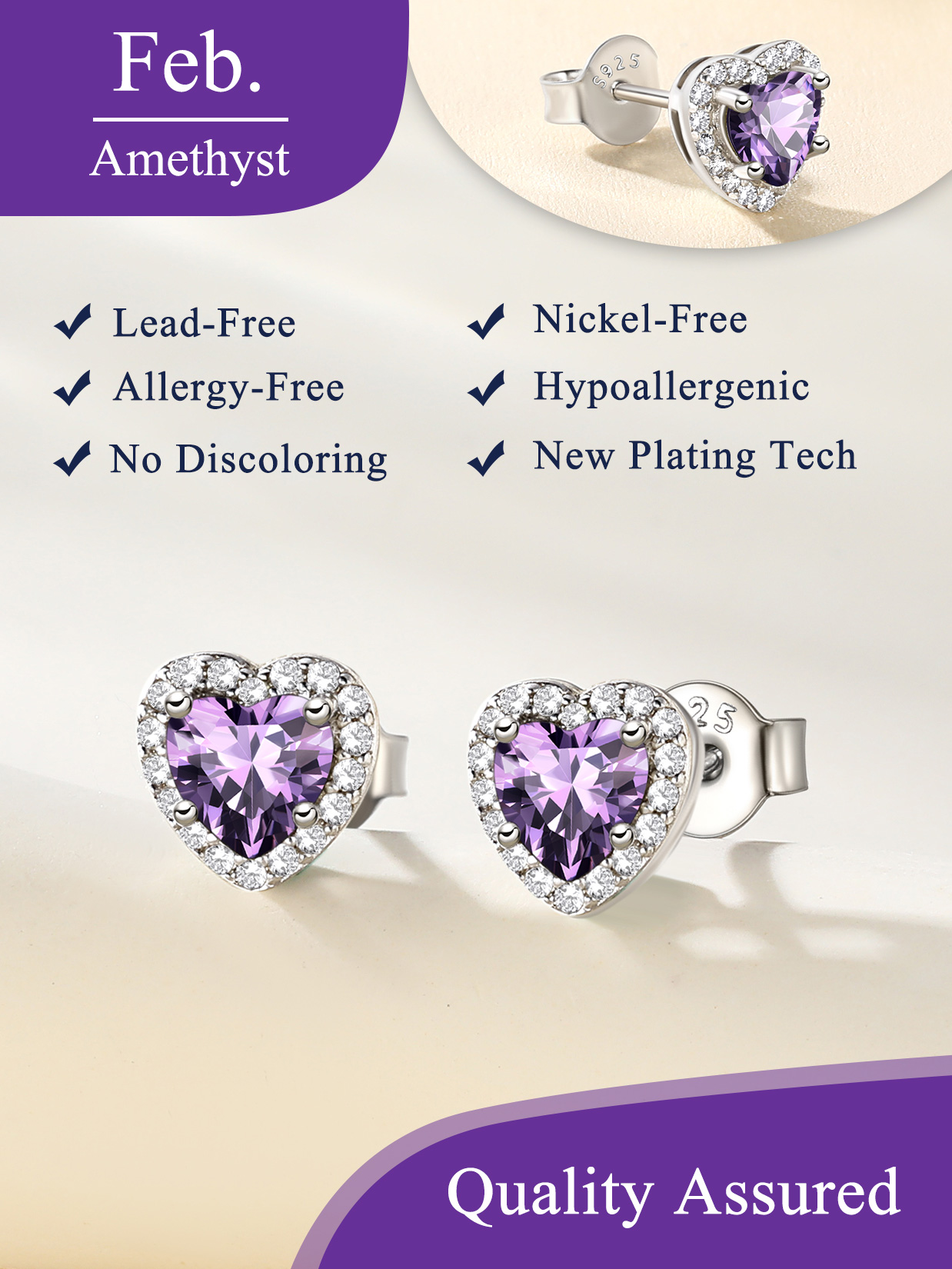5mm Heart Cut Birthstone with Cubic Zirconia Halo Stud Earrings for women,  February birthstone, Amethyst Jewelry, Pisces Birthstone, Aquarius Birthstone, sterling silver earrings, gift idea