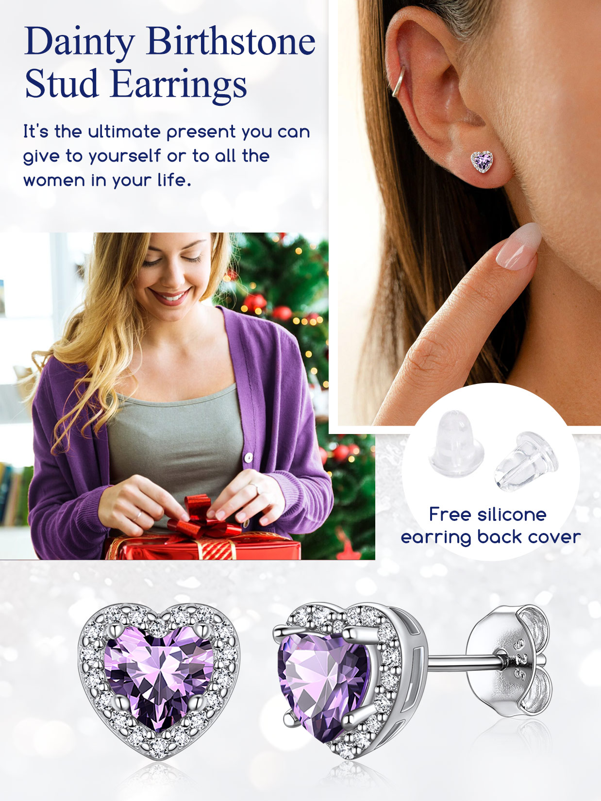 5mm Heart Cut Birthstone with Cubic Zirconia Halo Stud Earrings for women,  February birthstone, Amethyst Jewelry, Pisces Birthstone, Aquarius Birthstone, sterling silver earrings, gift idea