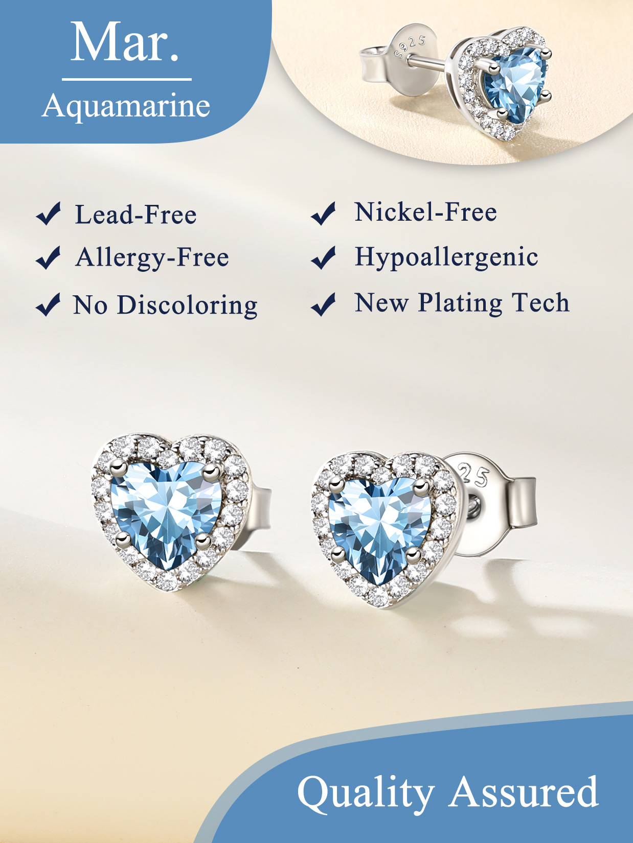 5mm Heart Cut Birthstone with Cubic Zirconia Halo Stud Earrings for women, march birthstone, Aquamarine Pendant, Pisces Birthstone, Aries Birthstone, sterling silver jewelry, gift idea