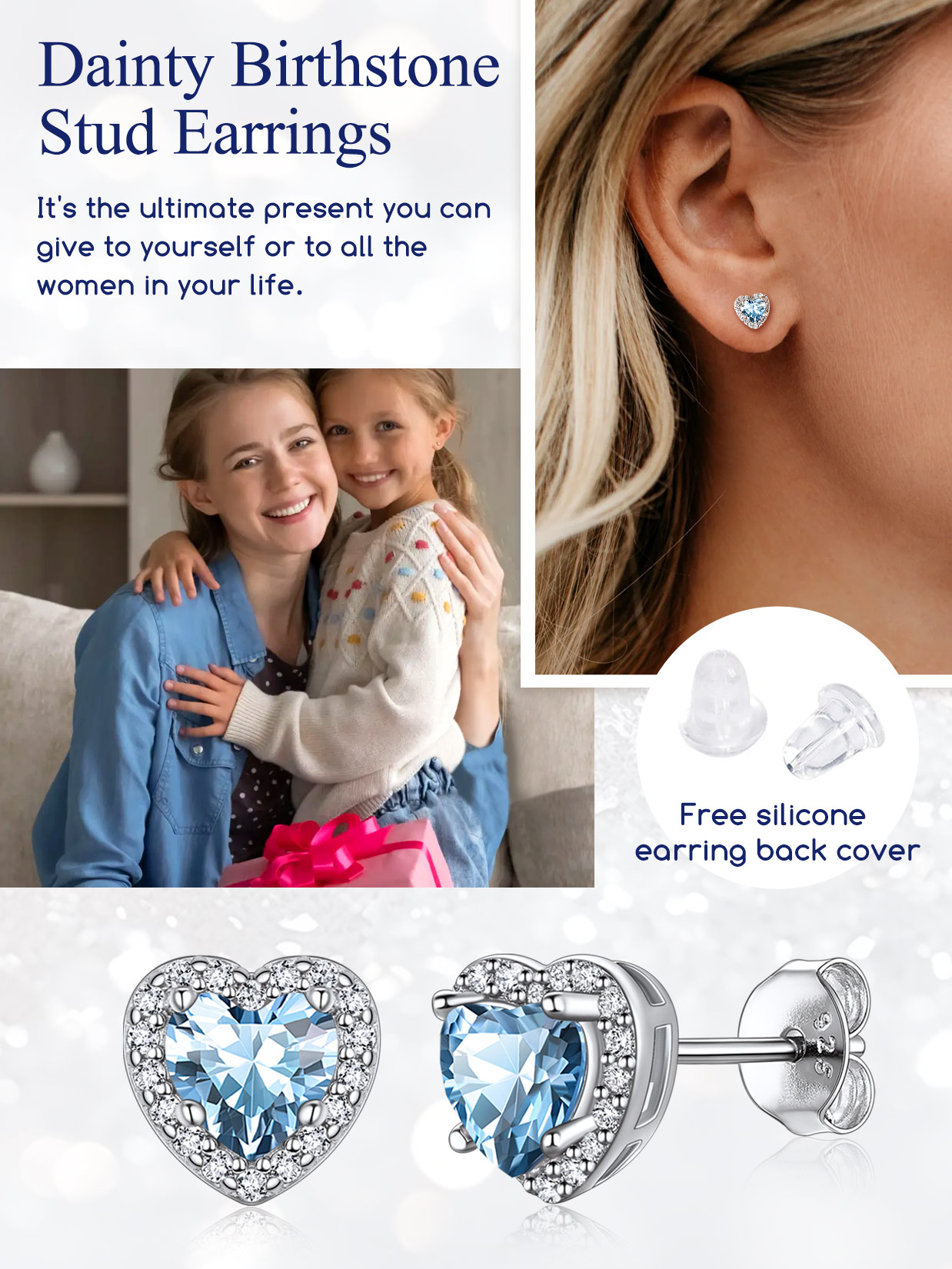 5mm Heart Cut Birthstone with Cubic Zirconia Halo Stud Earrings for women, march birthstone, Aquamarine Pendant, Pisces Birthstone, Aries Birthstone, sterling silver jewelry, gift idea