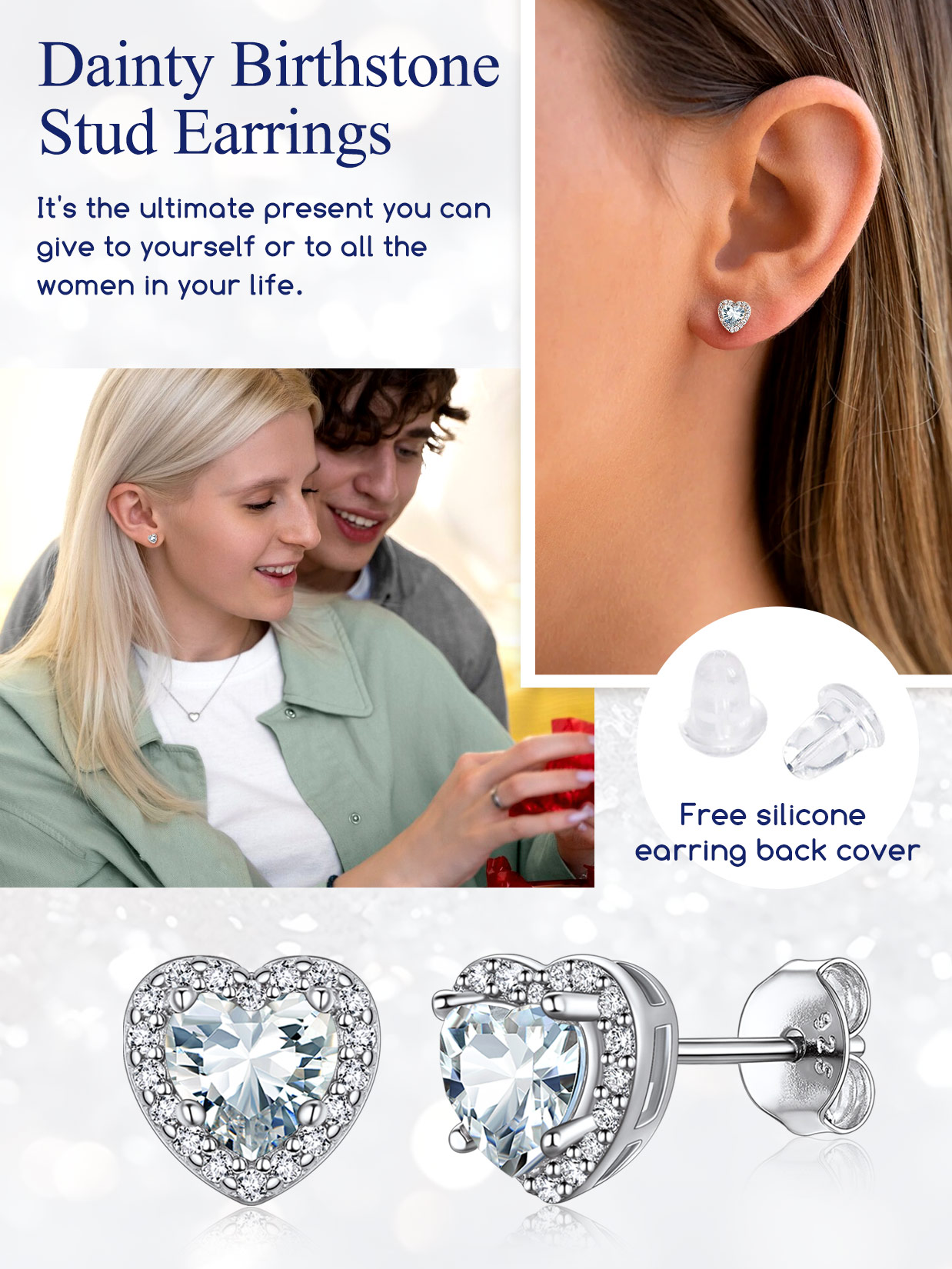 5mm Heart Cut Birthstone with Cubic Zirconia Halo Stud Earrings for women, april birthstone, Diamond Jewelry, Aries Birthstone, Taurus Birthstone, birthstone earrings, gift idea