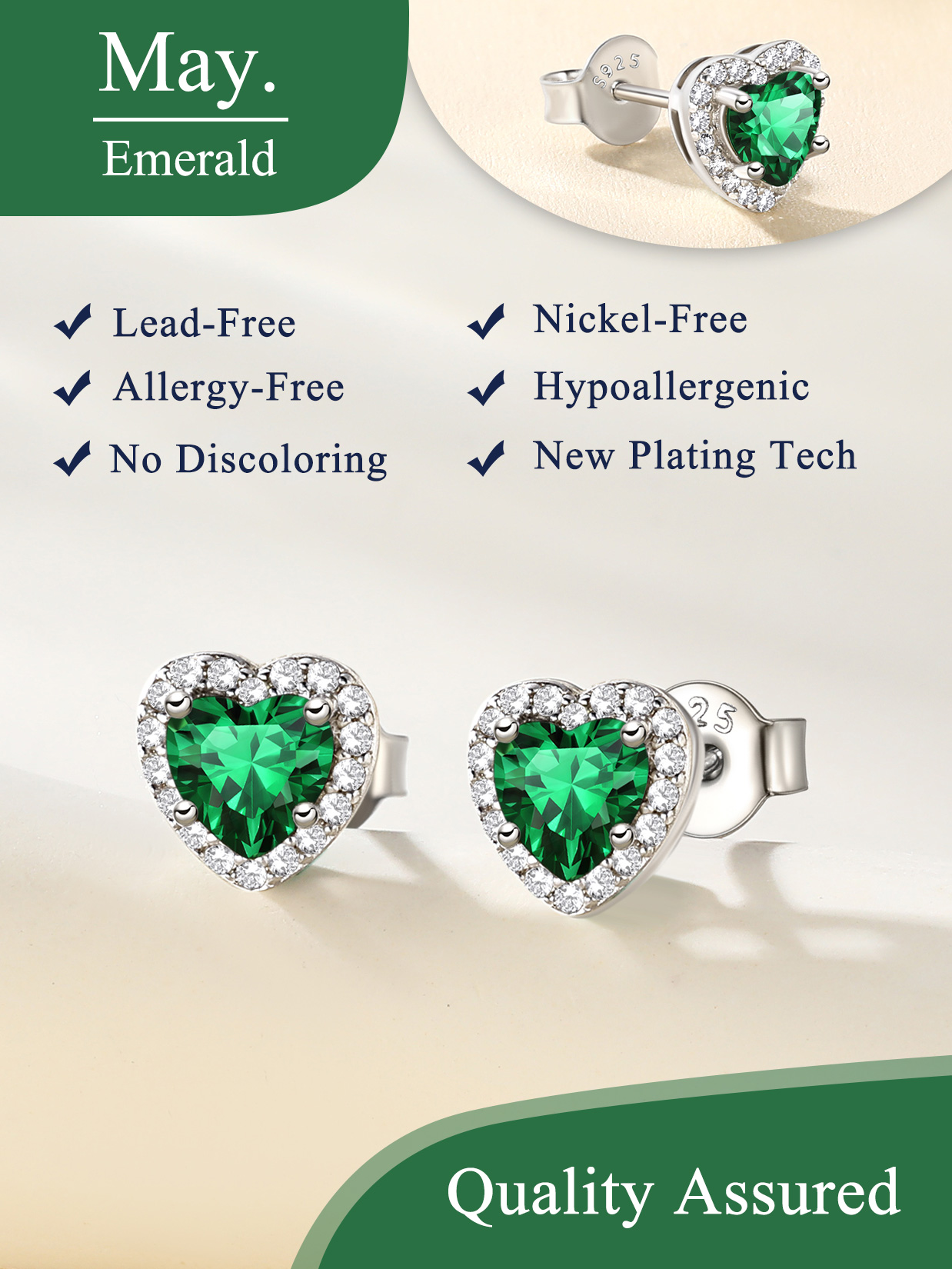 5mm Heart Cut Birthstone with Cubic Zirconia Halo Stud Earrings for women, may birthstone, Emerald Necklace, Taurus Birthstone, Gemini Birthstone, sterling silver earrings, gift idea