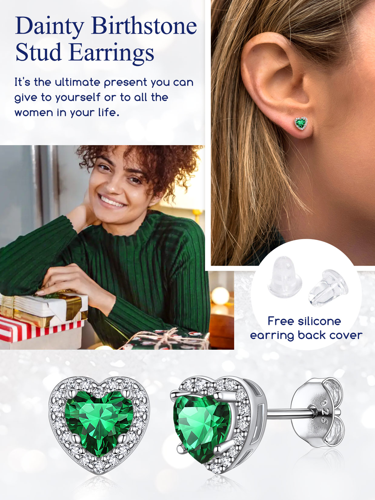 5mm Heart Cut Birthstone with Cubic Zirconia Halo Stud Earrings for women, may birthstone, Emerald Necklace, Taurus Birthstone, Gemini Birthstone, sterling silver earrings, gift idea