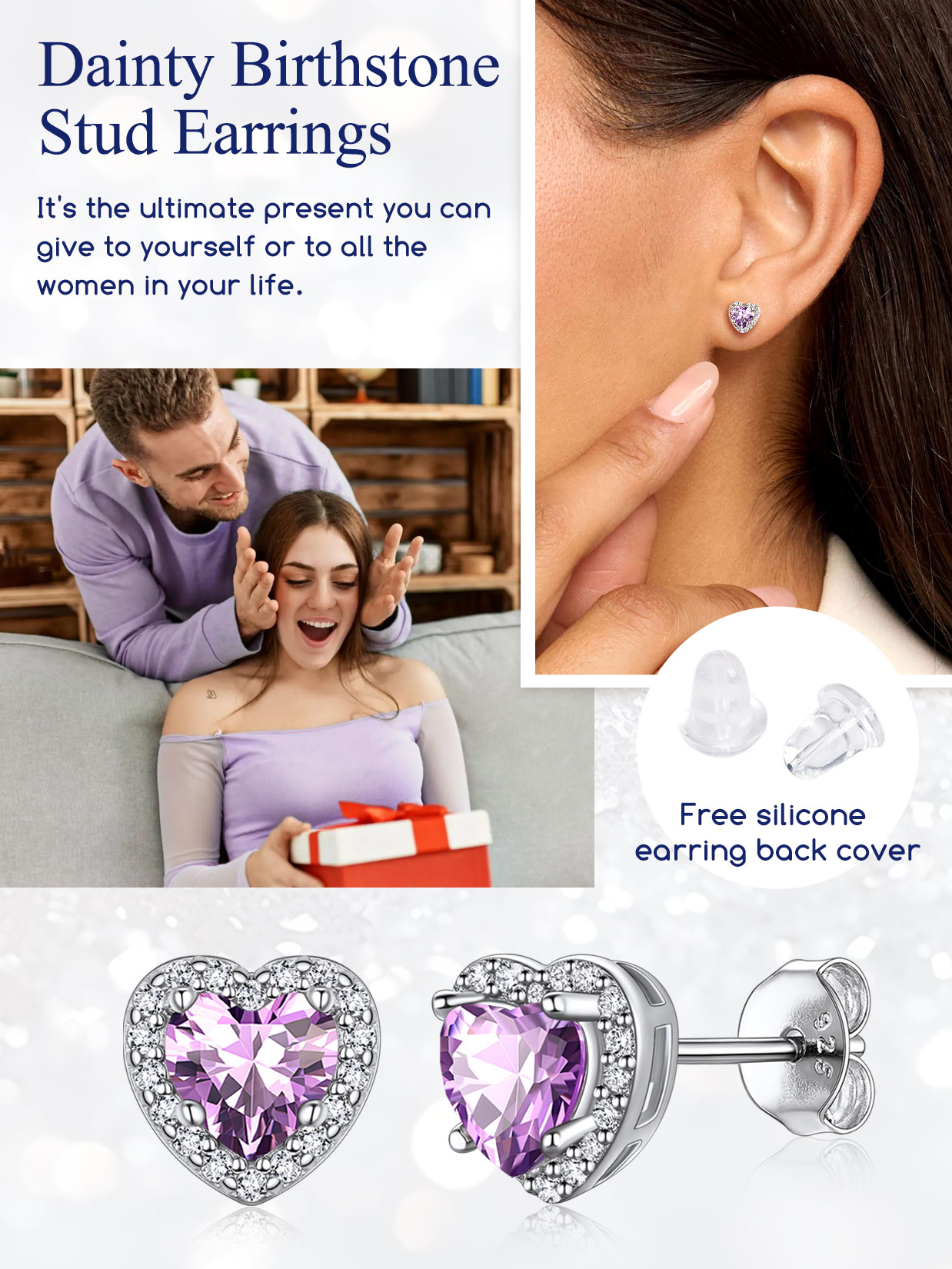 5mm Heart Cut Birthstone with Cubic Zirconia Halo Stud Earrings for women,  june birthstone, Alexandrite Jewelry, Gemini Birthstone, Cancer Birthstone, birthstone jewelry, gift idea