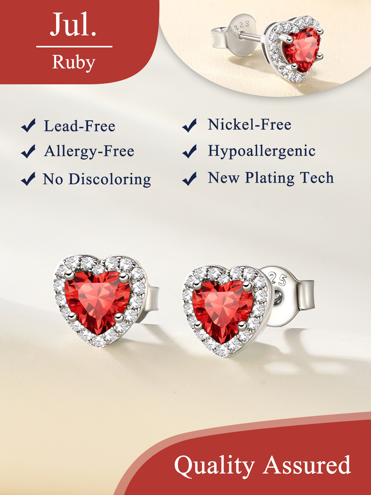 5mm Heart Cut Birthstone with Cubic Zirconia Halo Stud Earrings for women, july birthstone, Ruby Pendant, Cancer Birthstone, Leo Birthstone, sterling silver jewelry, gift idea