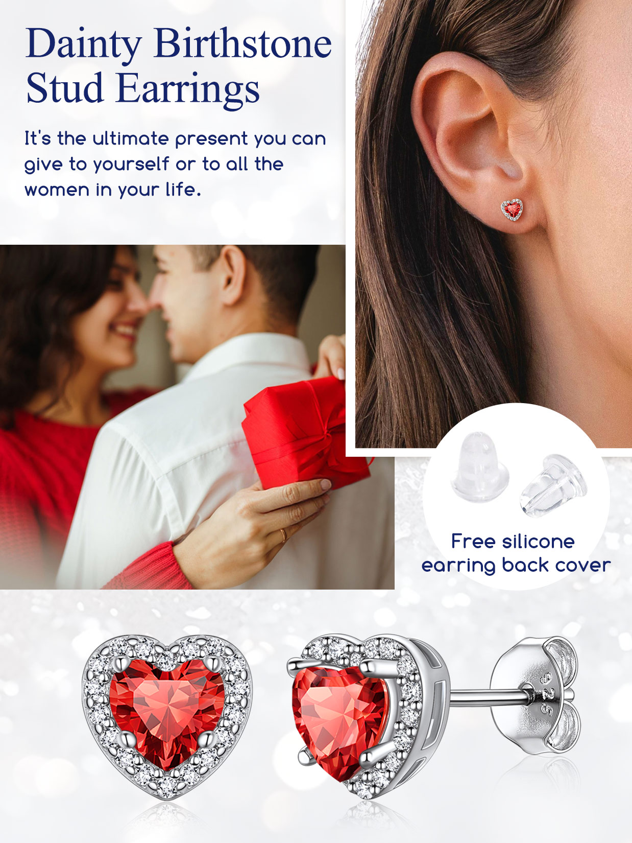 5mm Heart Cut Birthstone with Cubic Zirconia Halo Stud Earrings for women, july birthstone, Ruby Pendant, Cancer Birthstone, Leo Birthstone, sterling silver jewelry, gift idea