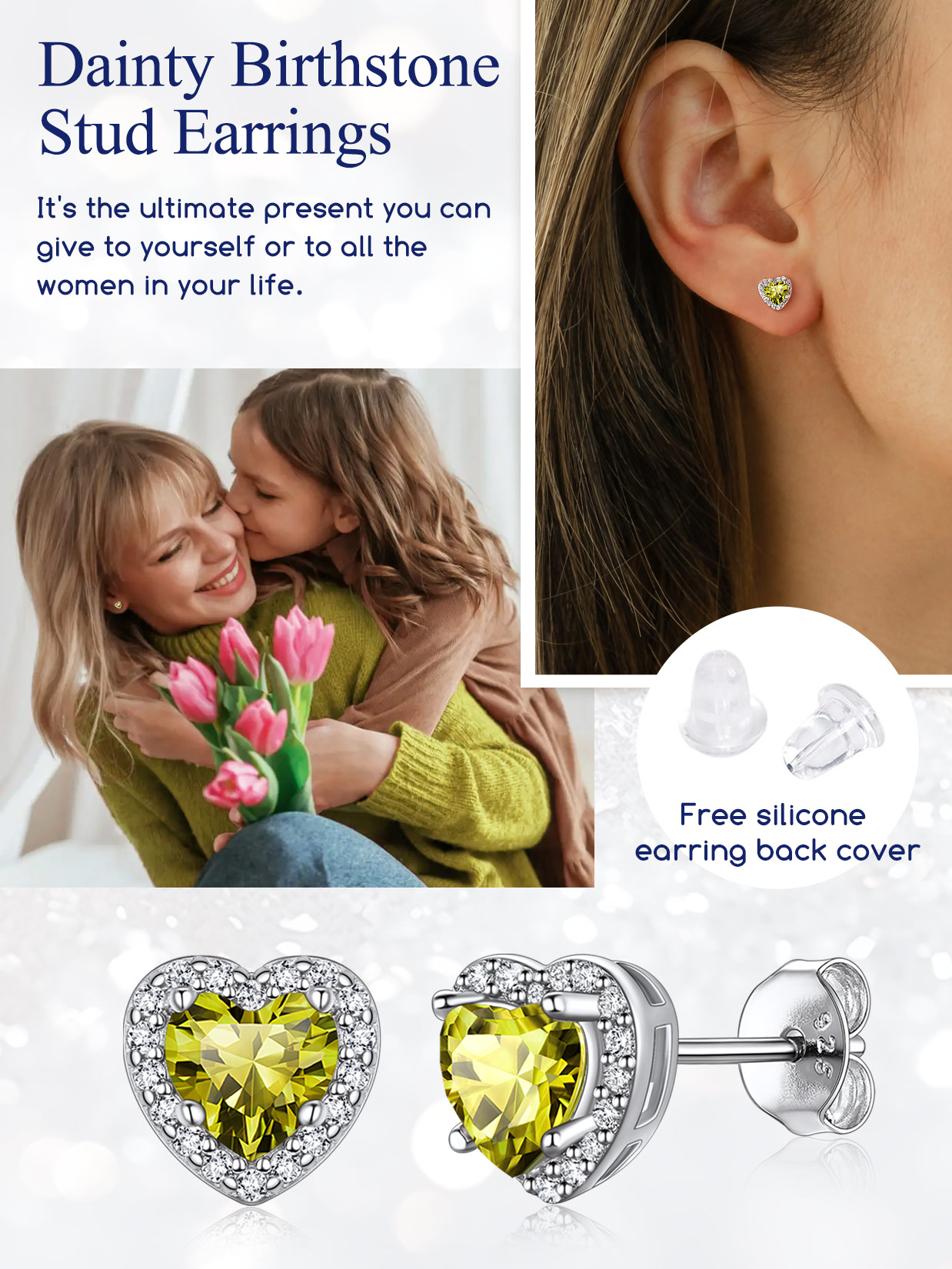5mm Heart Cut Birthstone with Cubic Zirconia Halo Stud Earrings for women, august birthstone, Peridot Earrings, Leo Birthstone, Virgo Birthstone, sterling silver jewlery, gift idea