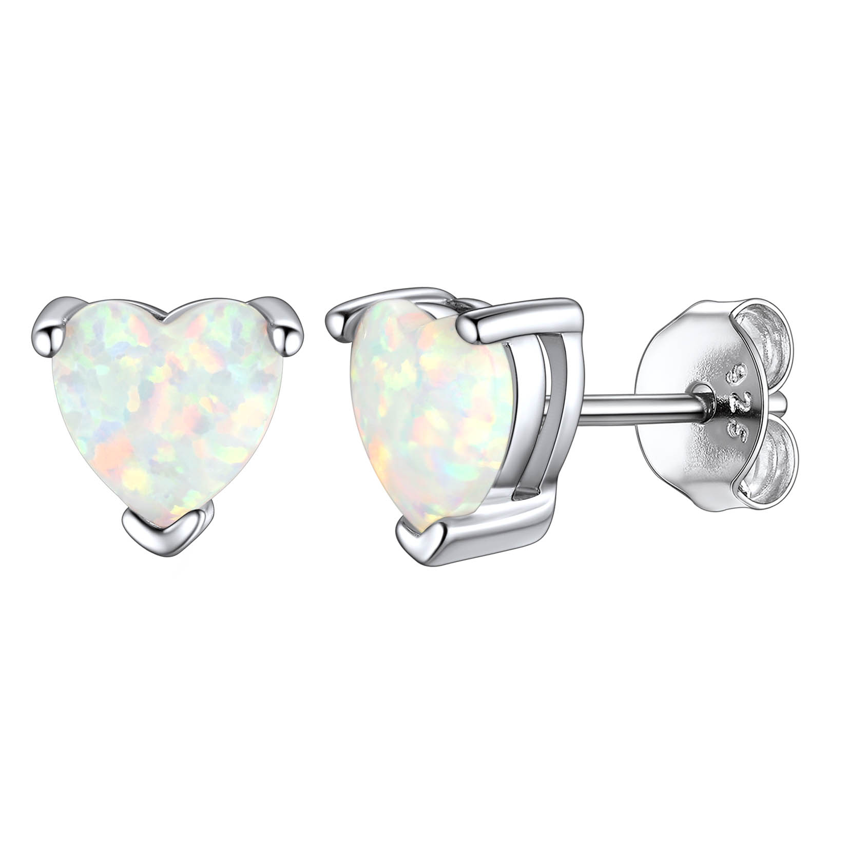 Sterling Silver Heart Opal Stud Earrings for Her