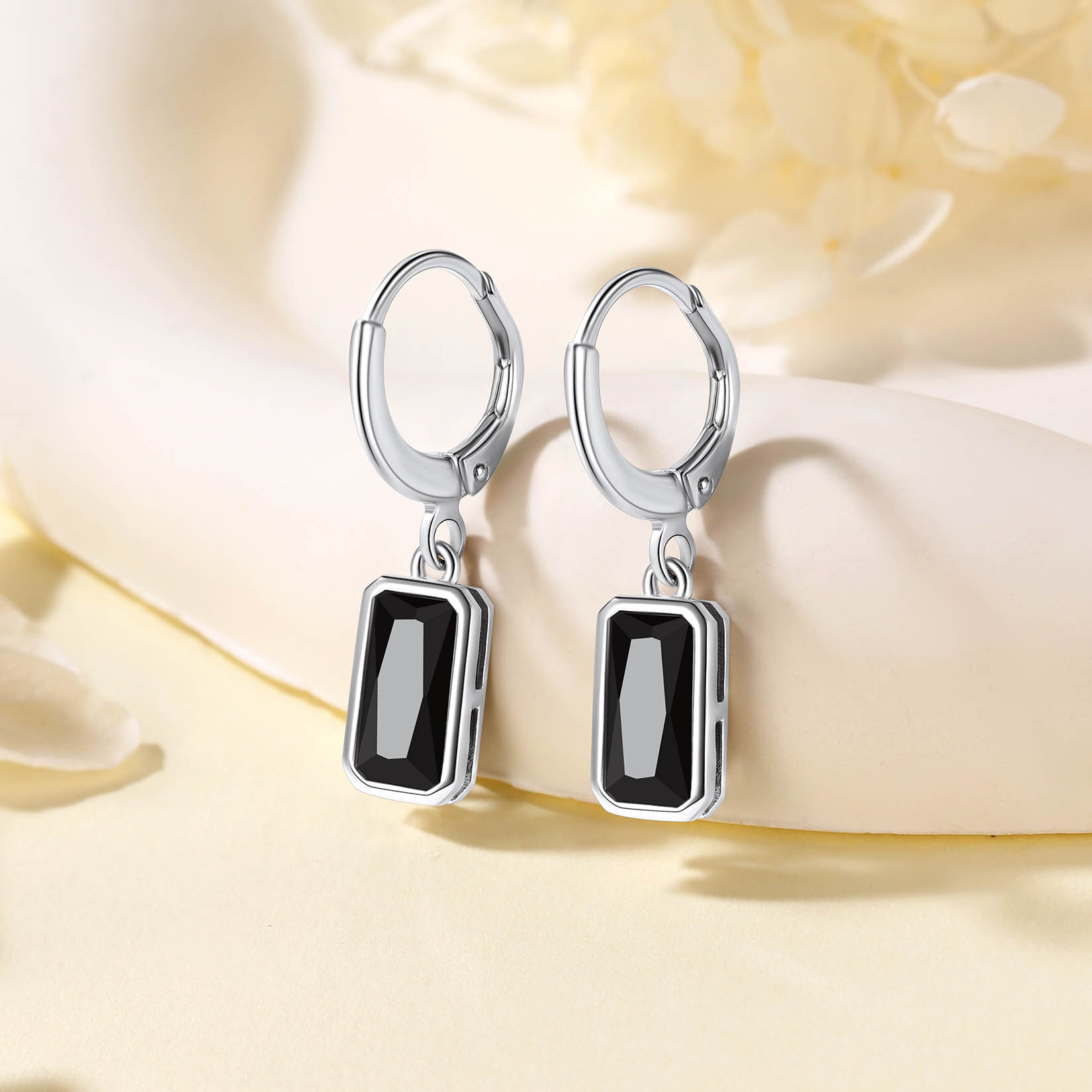 Black Emerald Cut Birthstone Hoop Dangle Earrings