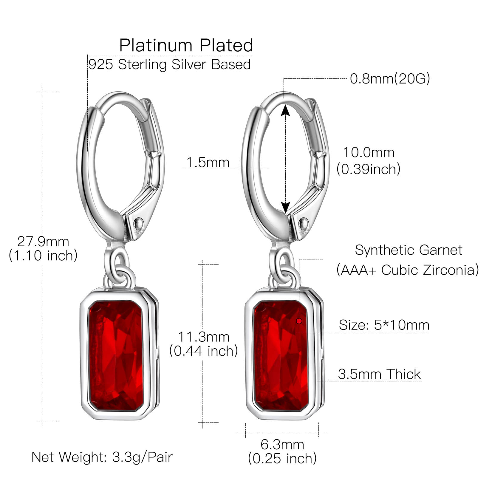 Tiny Cute Emerald Cut Birthstone Hoop Dangle Earrings Details: Dimensions, Hypoallergenic, Lever Back