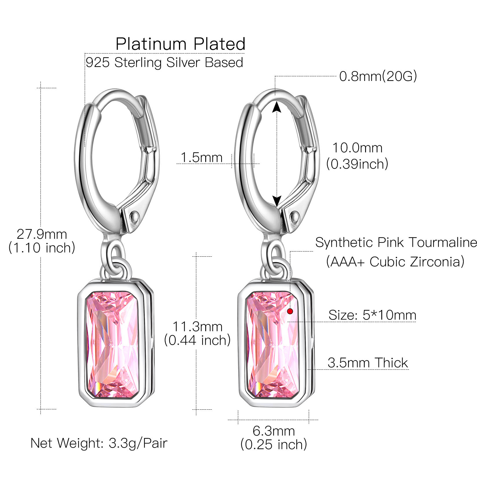 Tiny Cute Emerald Cut Birthstone Hoop Dangle Earrings Details: Dimensions, Hypoallergenic, Lever Back