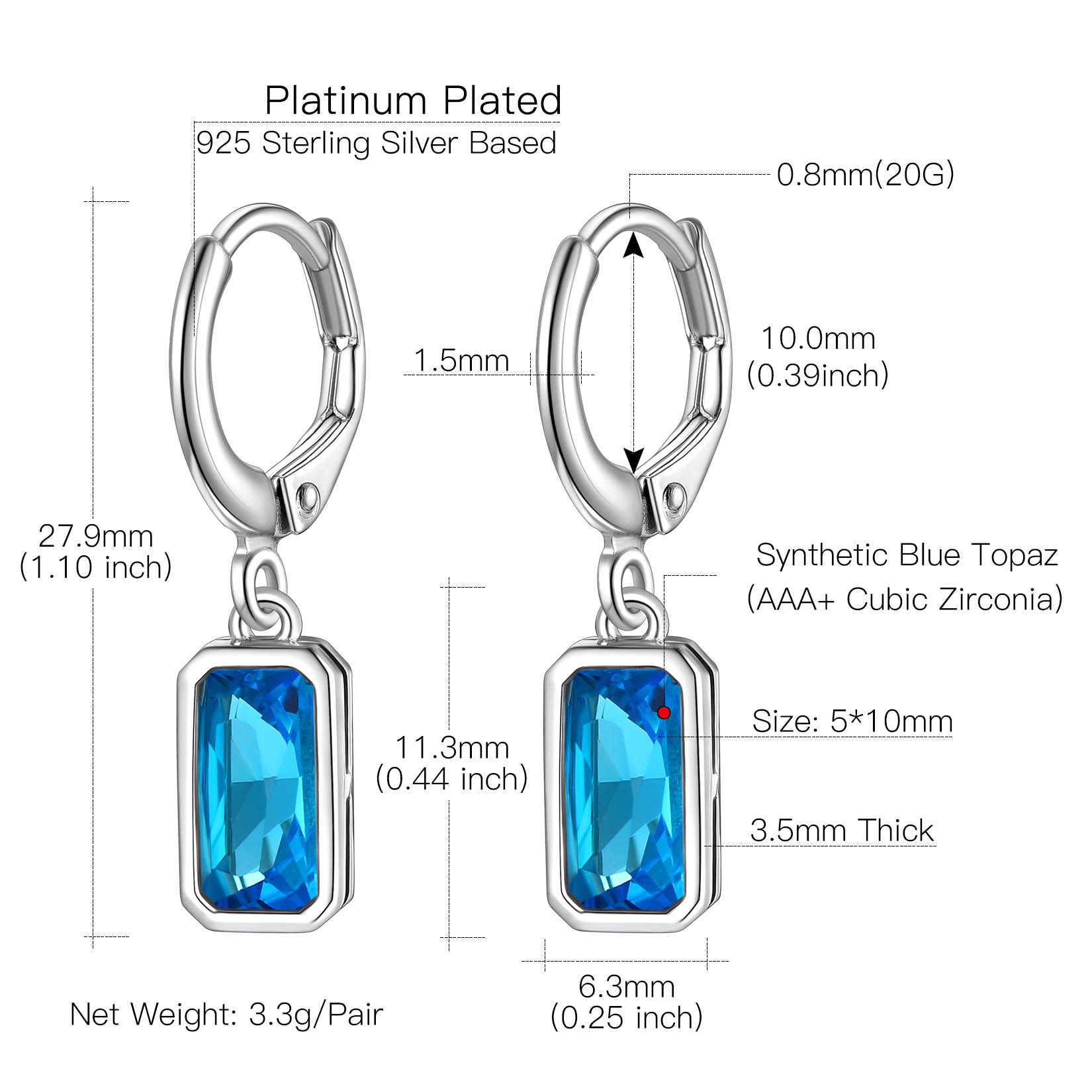 Tiny Cute Emerald Cut Birthstone Hoop Dangle Earrings Details: Dimensions, Hypoallergenic, Lever Back