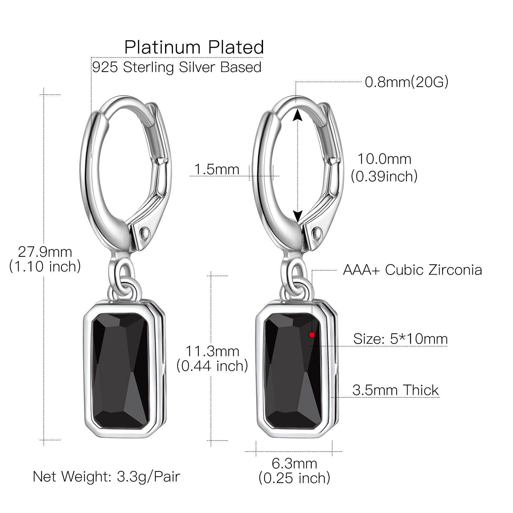 Black Emerald Cut Birthstone Hoop Dangle Earrings Details: Dimensions, Hypoallergenic, Hinged Hoop
