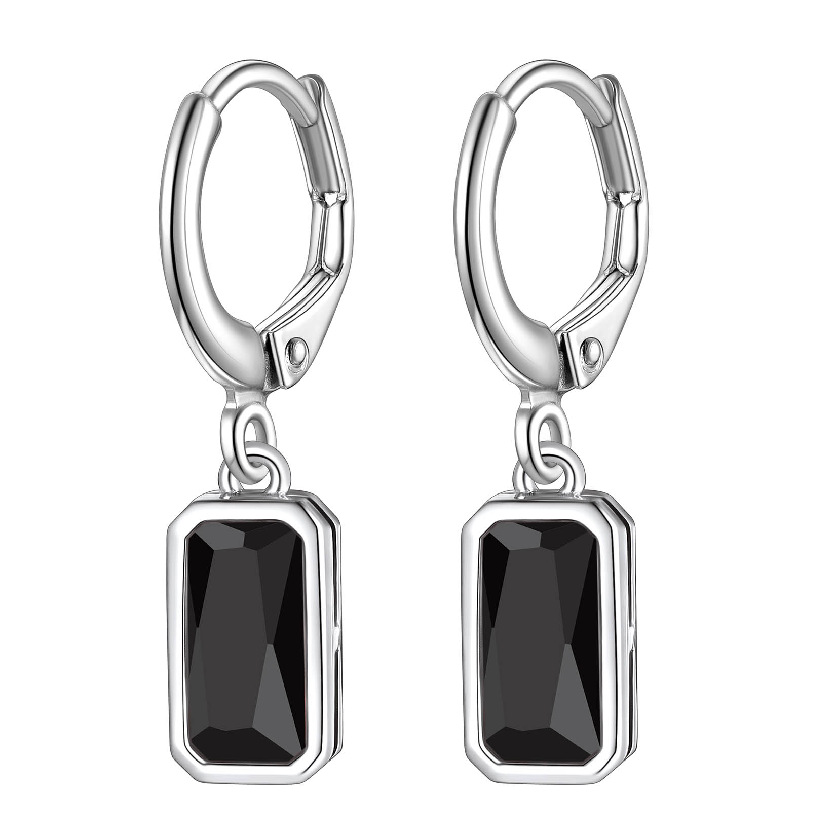 Black Emerald Cut Birthstone Hoop Dangle Earrings