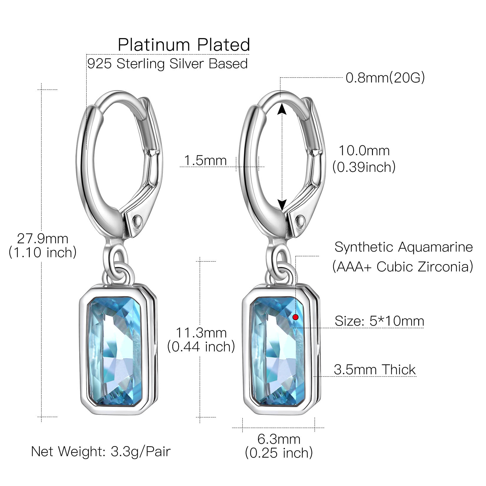 Tiny Cute Emerald Cut Birthstone Hoop Dangle Earrings Details: Dimensions, Hypoallergenic, Lever Back
