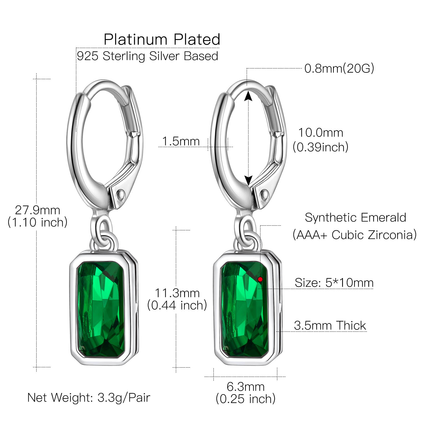 Tiny Cute Emerald Cut Birthstone Hoop Dangle Earrings Details: Dimensions, Hypoallergenic, Lever Back