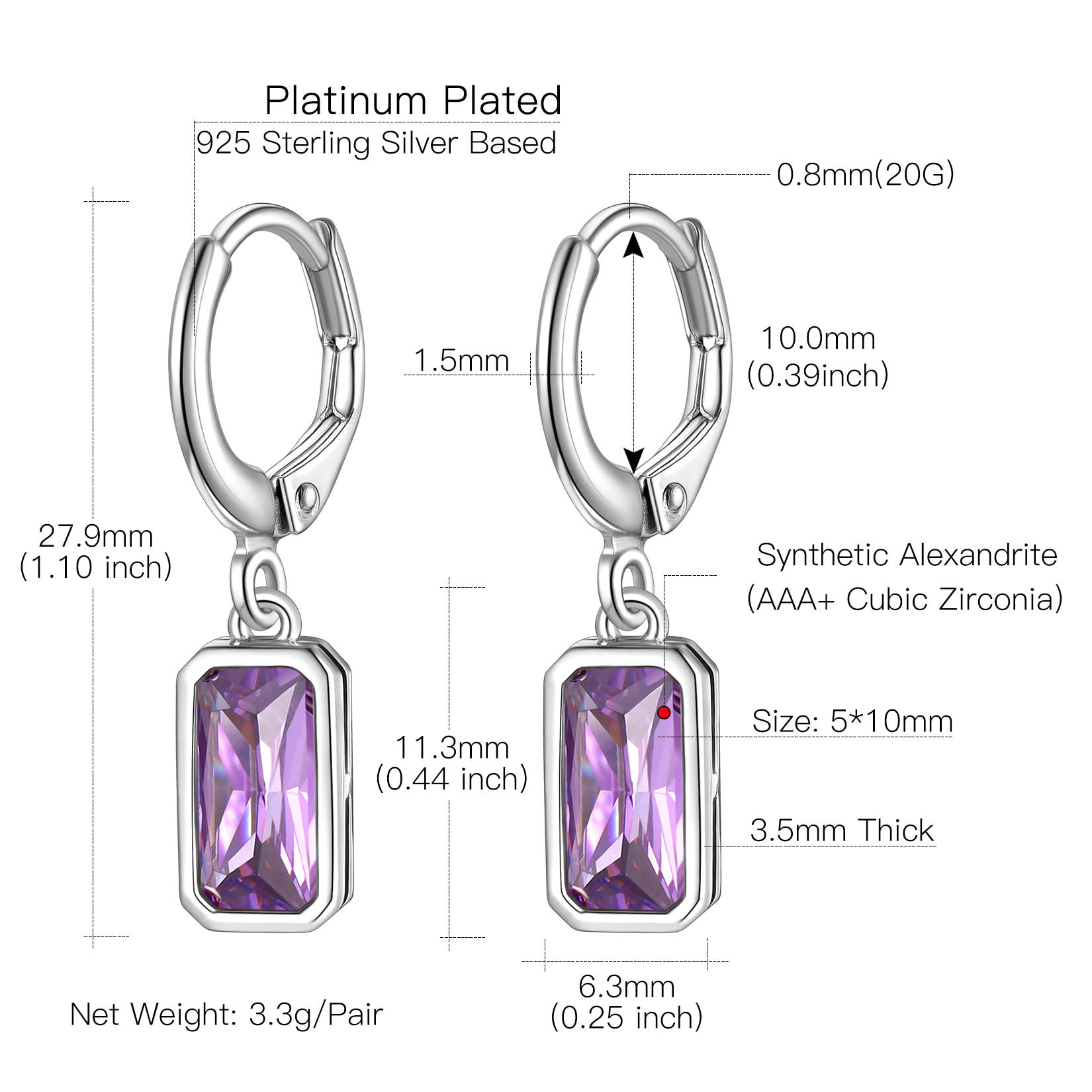 Tiny Cute Emerald Cut Birthstone Hoop Dangle Earrings Details: Dimensions, Hypoallergenic, Lever Back