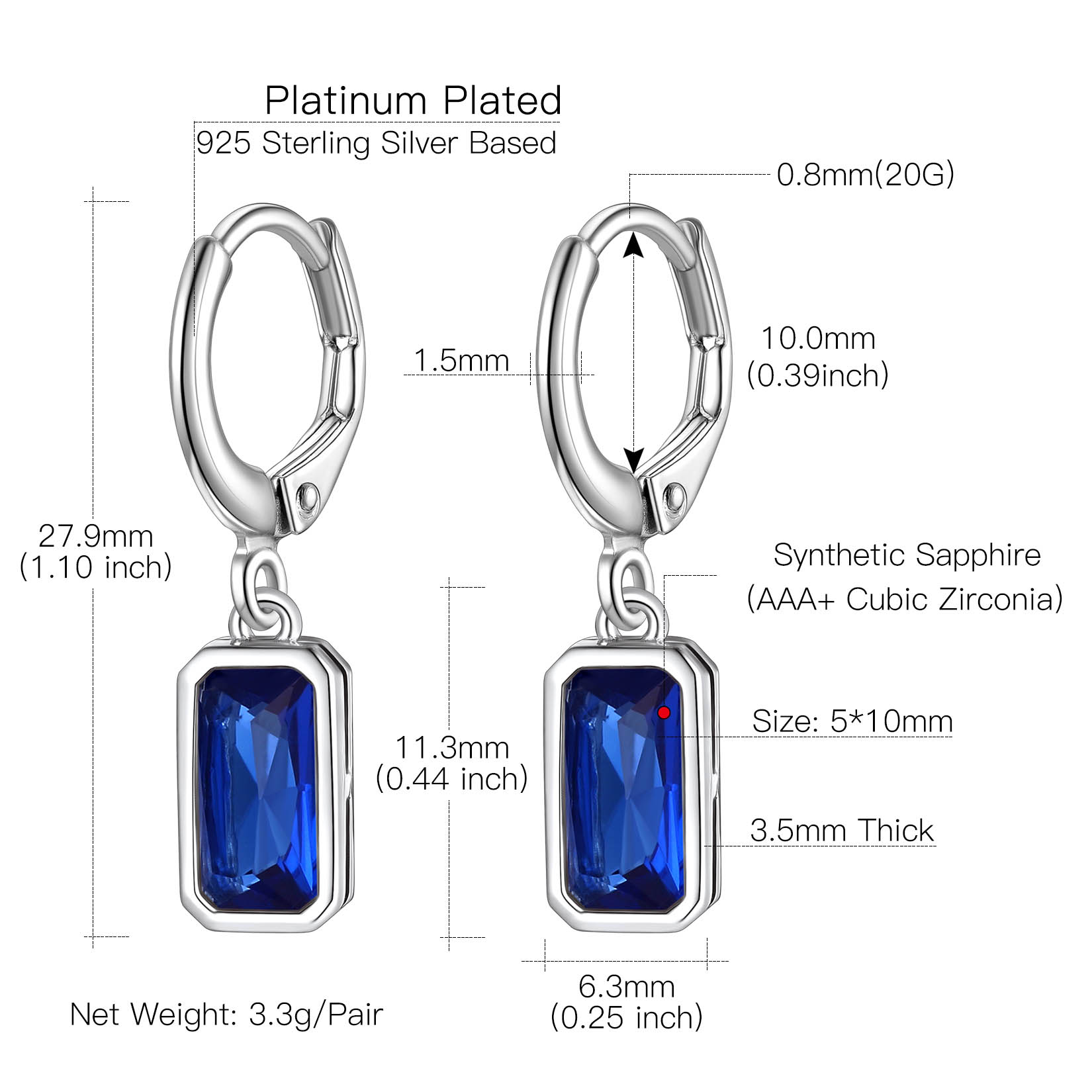 Tiny Cute Emerald Cut Birthstone Hoop Dangle Earrings Details: Dimensions, Hypoallergenic, Lever Back