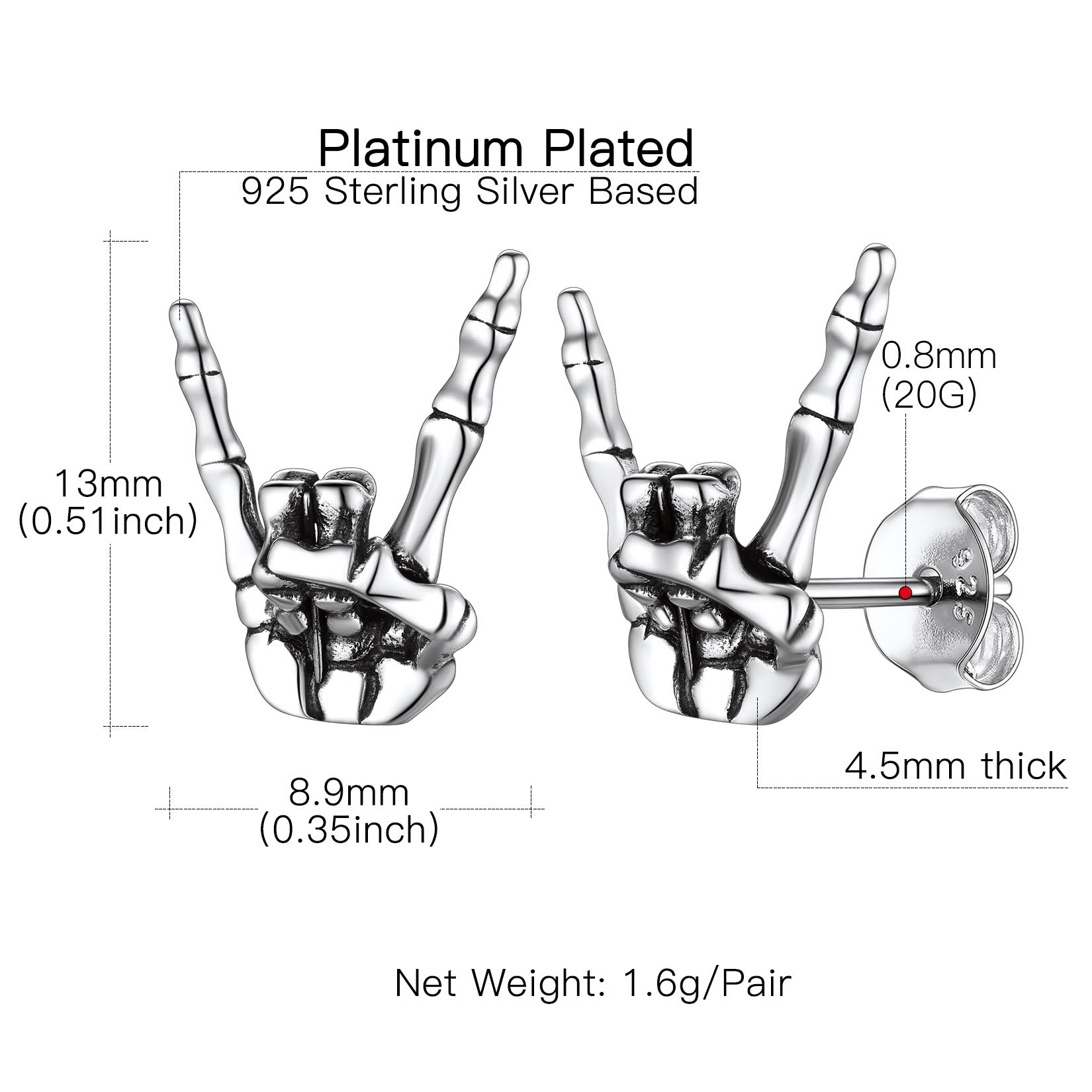 Rock & Roll Gesture Skeleton Stud Earrings  Details: Dimensions, Hypoallergenic, Push Back Finding