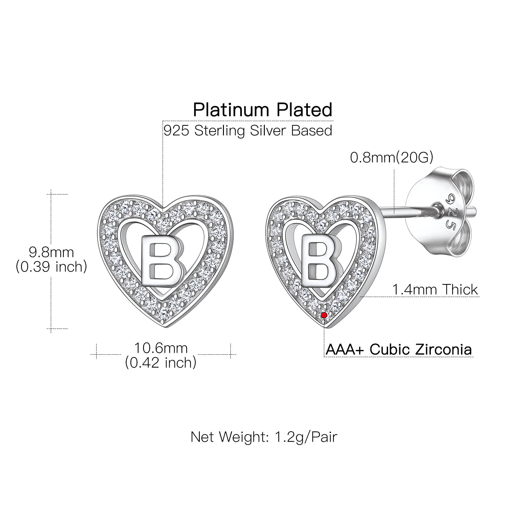 Heart Initial Letter Earrings with Cubic Zirconia Stud Earrings Details: Dimensions, Hypoallergenic, Push Back Finding