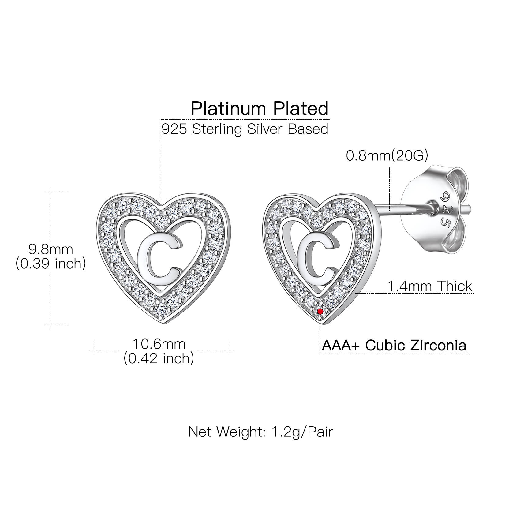Heart Initial Letter Earrings with Cubic Zirconia Stud Earrings Details: Dimensions, Hypoallergenic, Push Back Finding