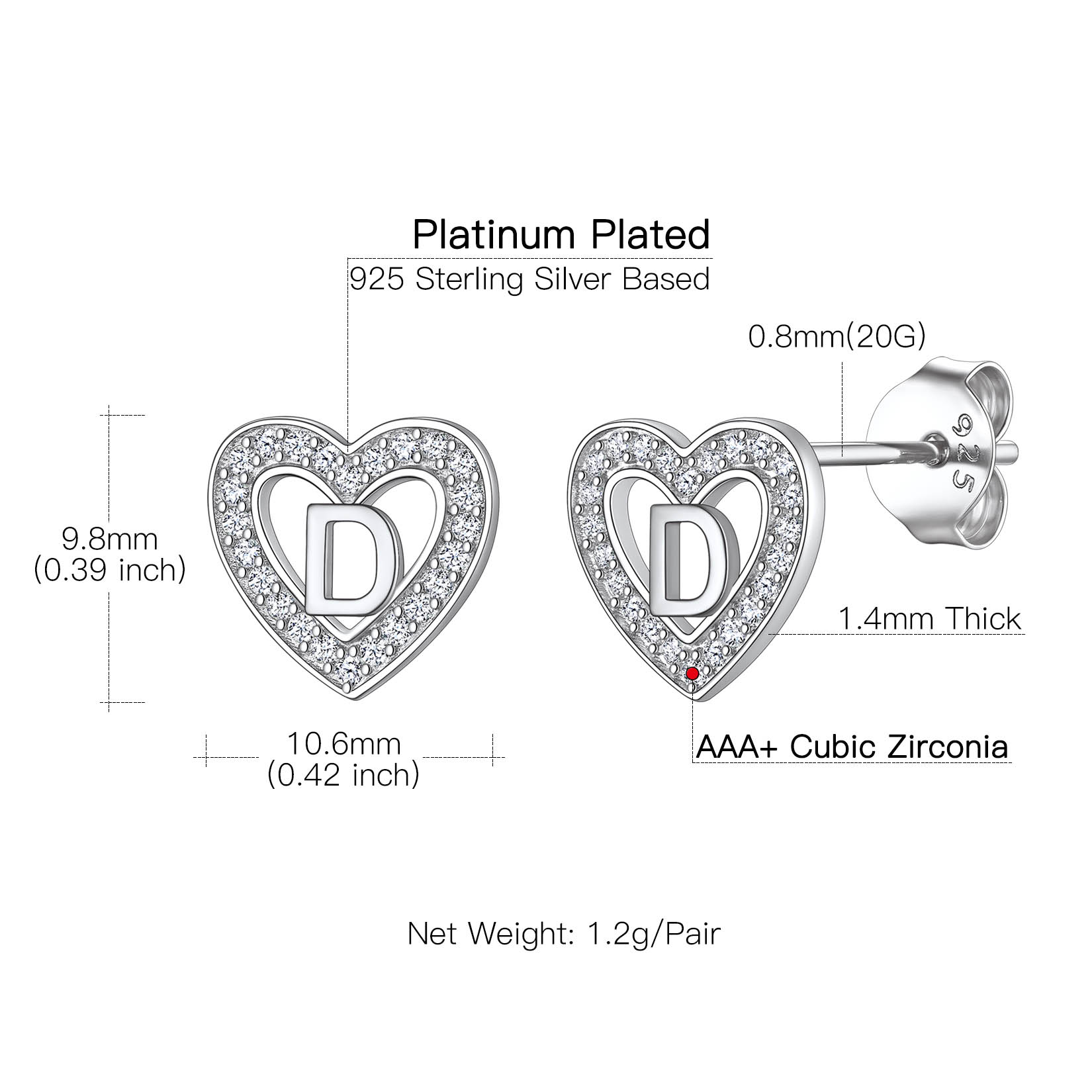 Heart Initial Letter Earrings with Cubic Zirconia Stud Earrings Details: Dimensions, Hypoallergenic, Push Back Finding