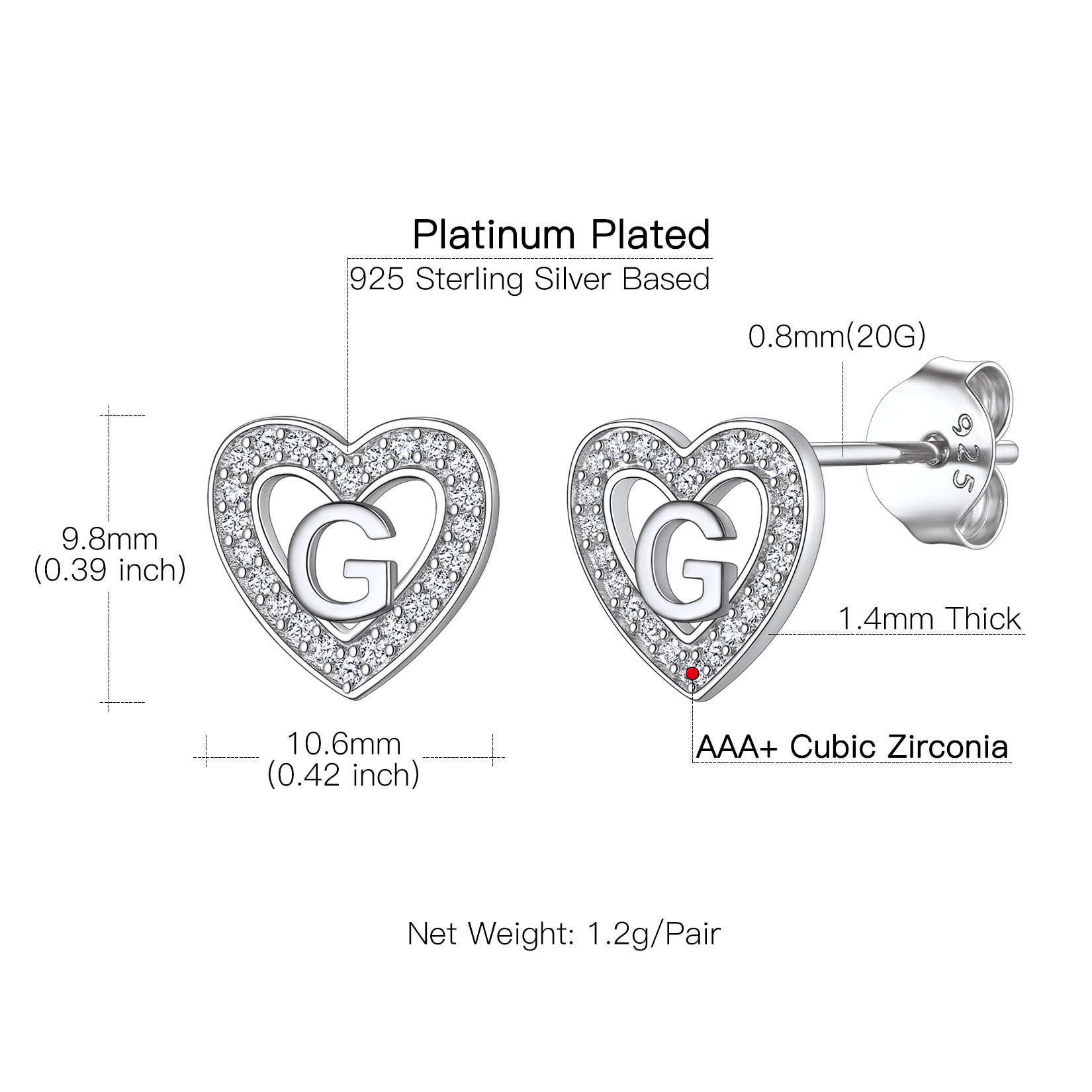 Heart Initial Letter Earrings with Cubic Zirconia Stud Earrings Details: Dimensions, Hypoallergenic, Push Back Finding