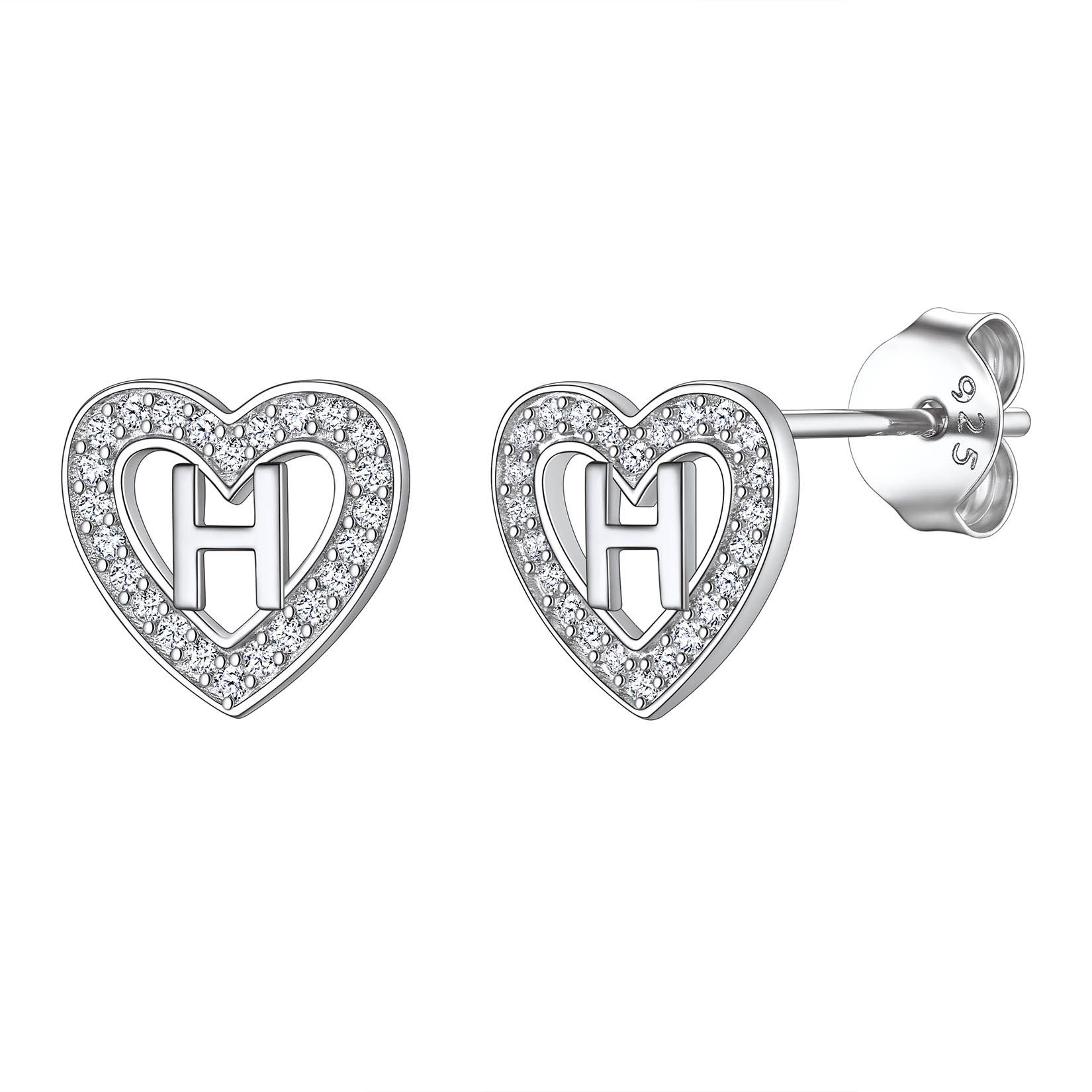 Heart Initial Letter Earrings with Cubic Zirconia Stud Earrings