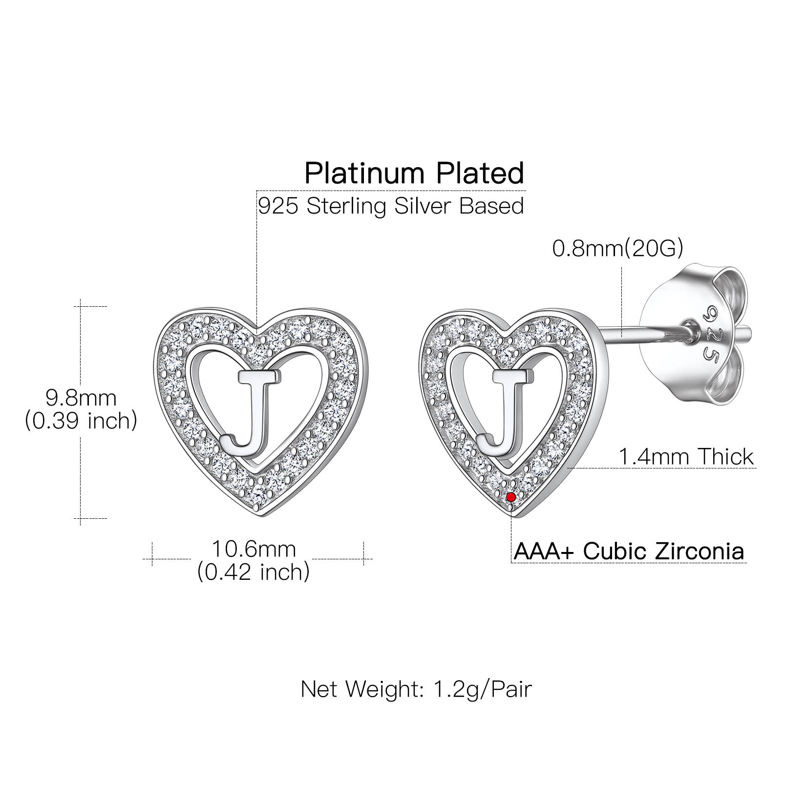 Heart Initial Letter Earrings with Cubic Zirconia Stud Earrings Details: Dimensions, Hypoallergenic, Push Back Finding