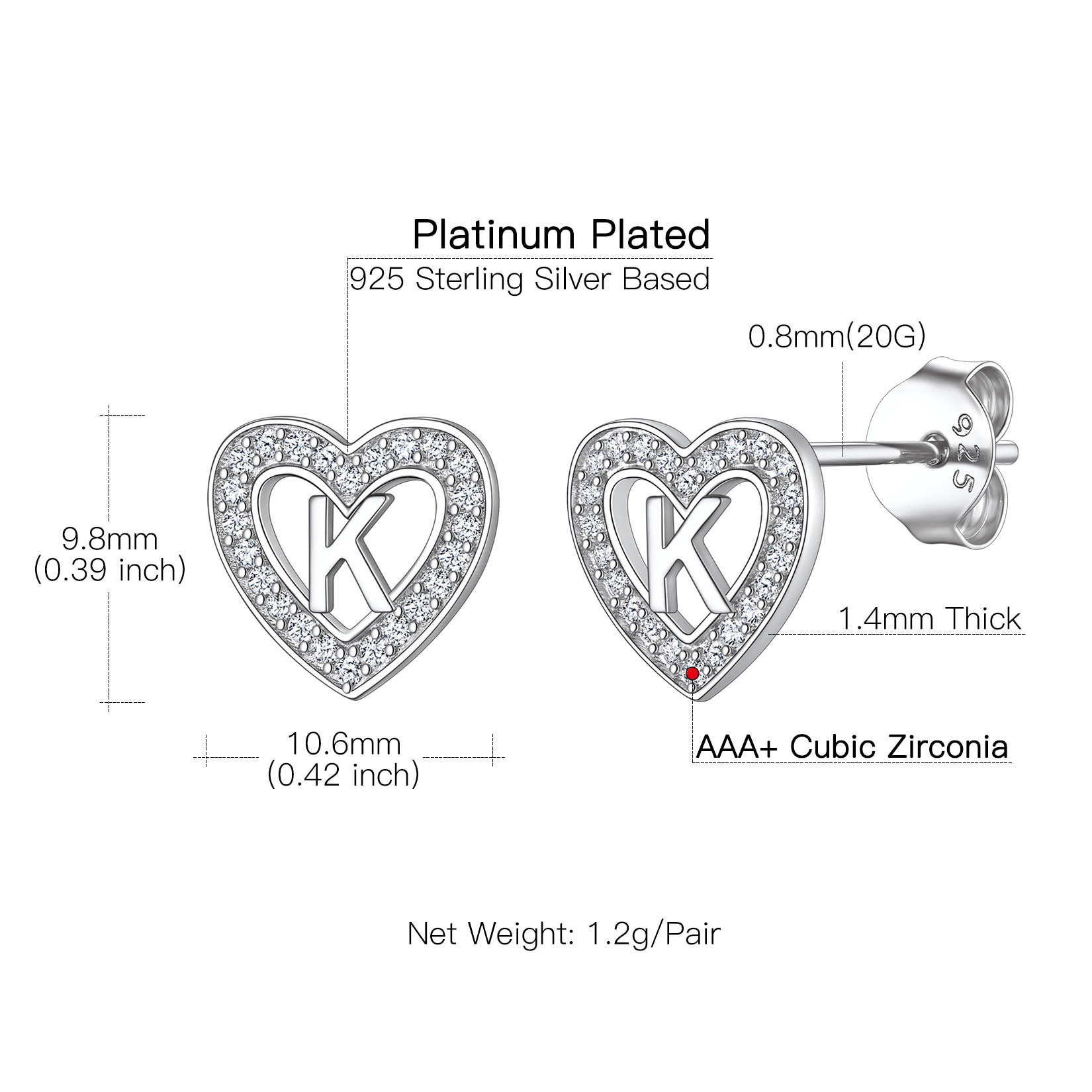Heart Initial Letter Earrings with Cubic Zirconia Stud Earrings Details: Dimensions, Hypoallergenic, Push Back Finding