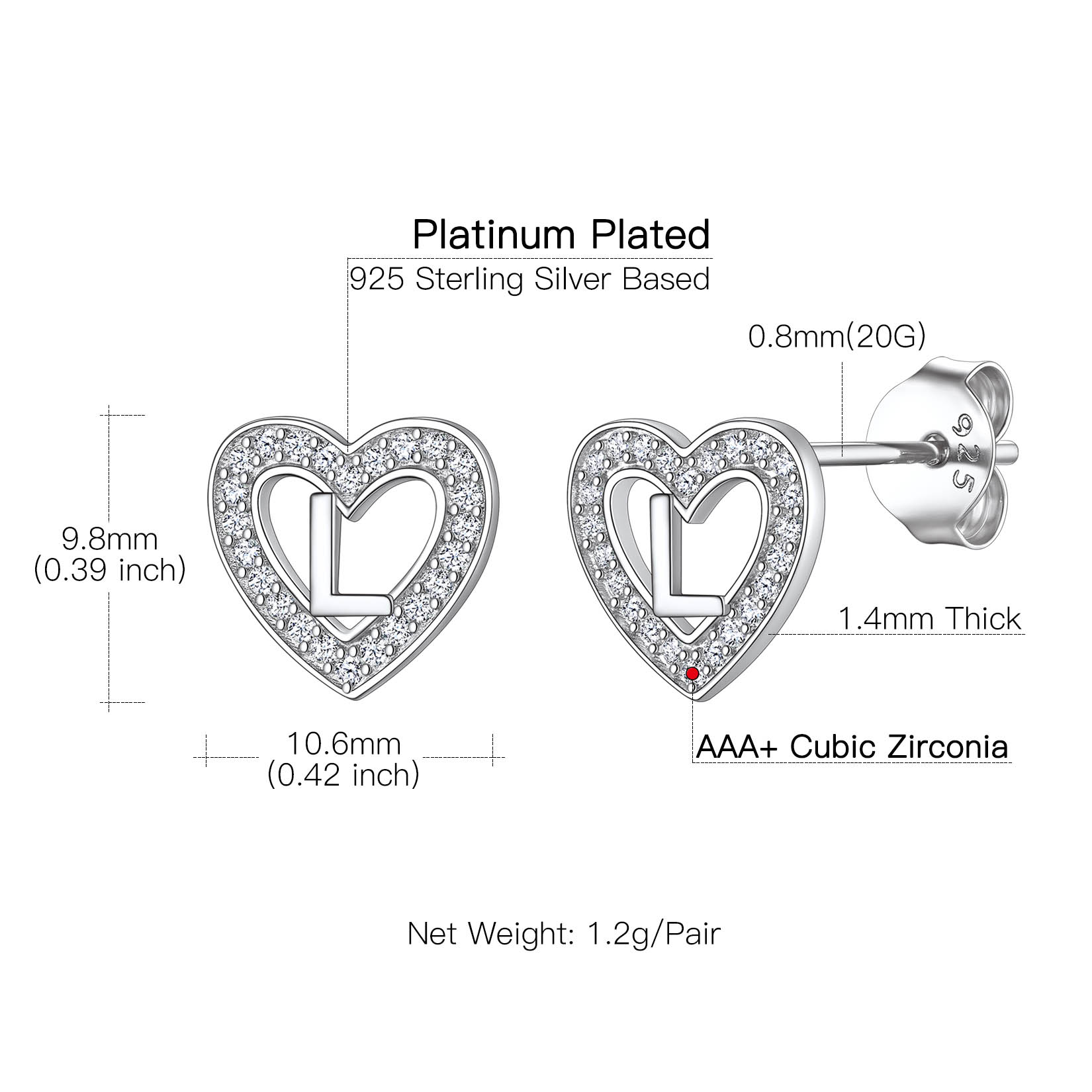 Heart Initial Letter Earrings with Cubic Zirconia Stud Earrings Details: Dimensions, Hypoallergenic, Push Back Finding
