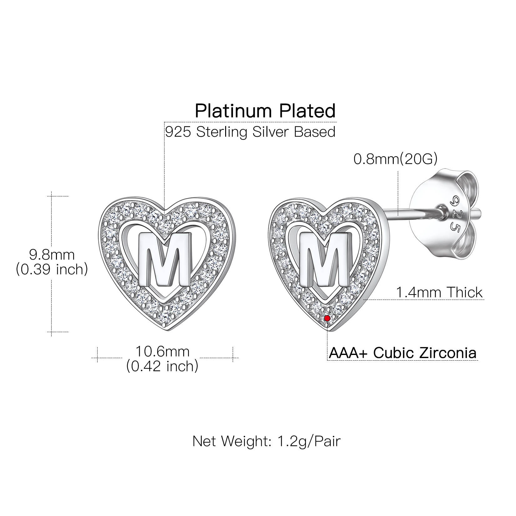 Heart Initial Letter Earrings with Cubic Zirconia Stud Earrings Details: Dimensions, Hypoallergenic, Push Back Finding