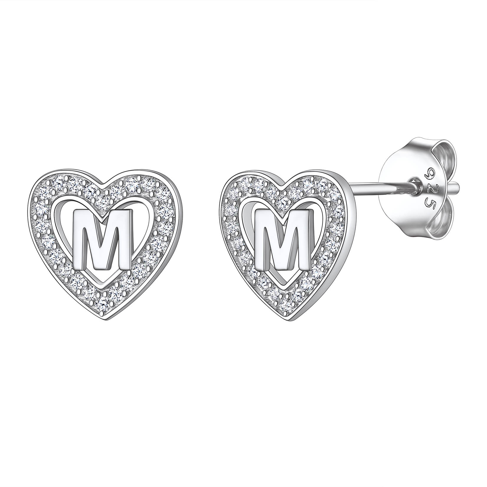 Heart Initial Letter Earrings with Cubic Zirconia Stud Earrings