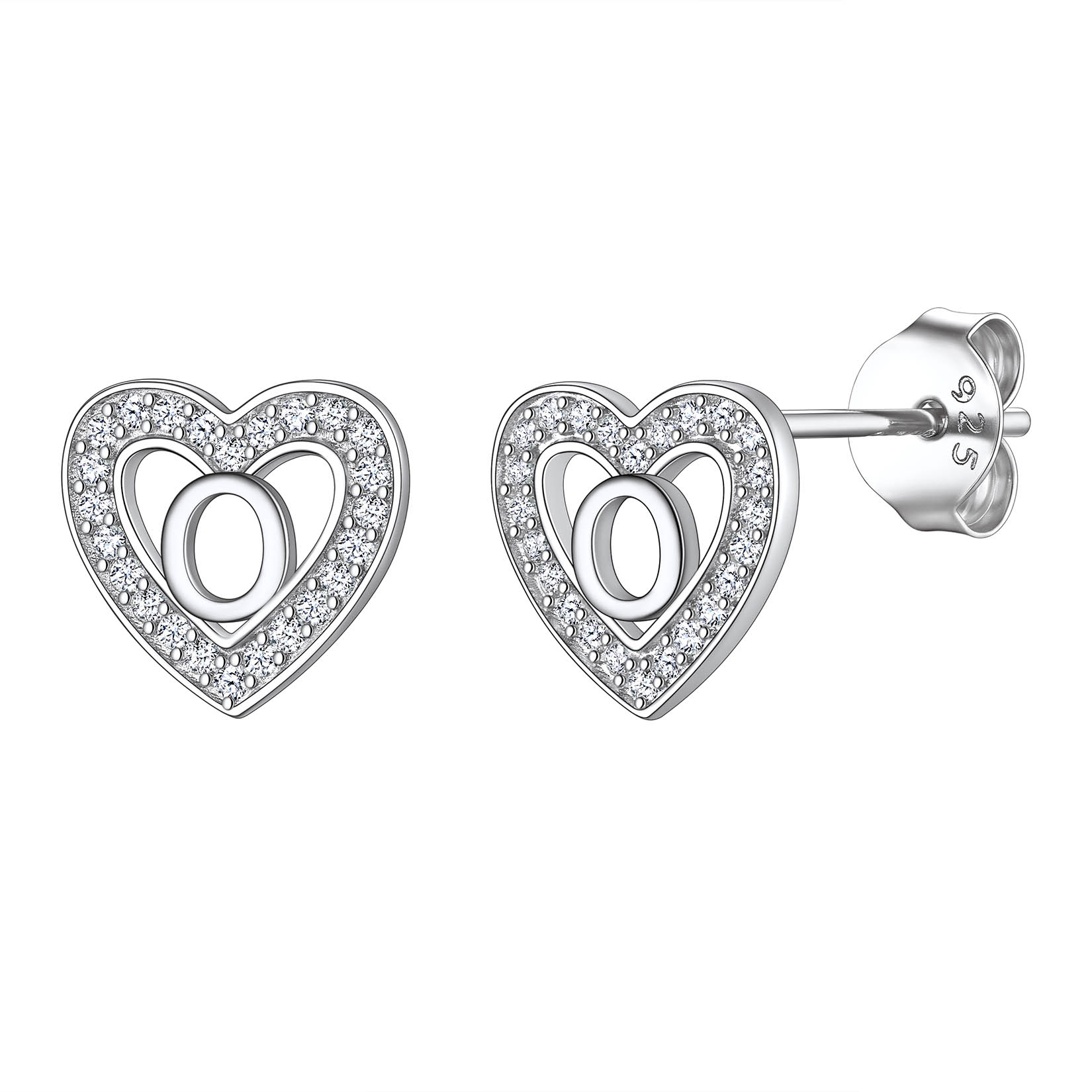 Heart Initial Letter Earrings with Cubic Zirconia Stud Earrings