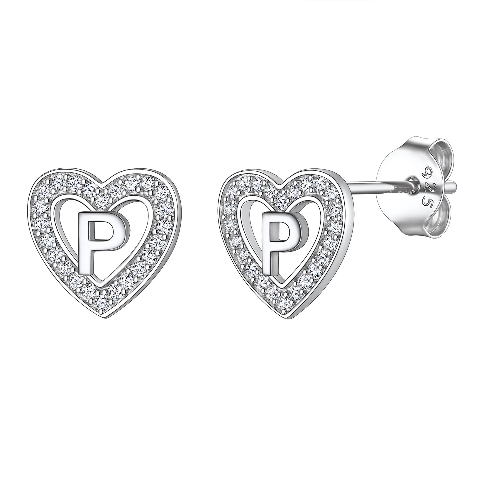 Heart Initial Letter Earrings with Cubic Zirconia Stud Earrings