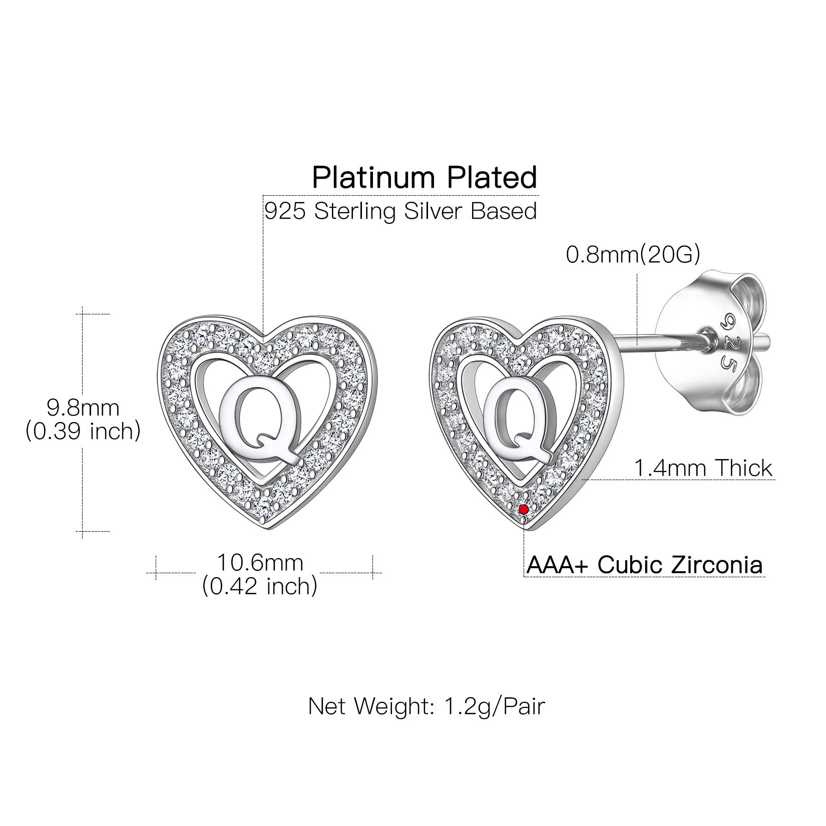 Heart Initial Letter Earrings with Cubic Zirconia Stud Earrings Details: Dimensions, Hypoallergenic, Push Back Finding